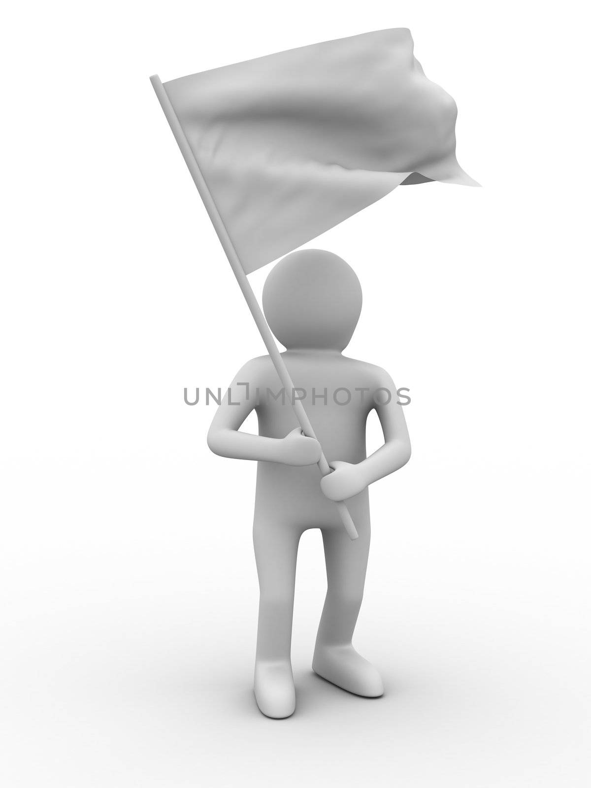 man waves flag on white background. Isolated 3D image