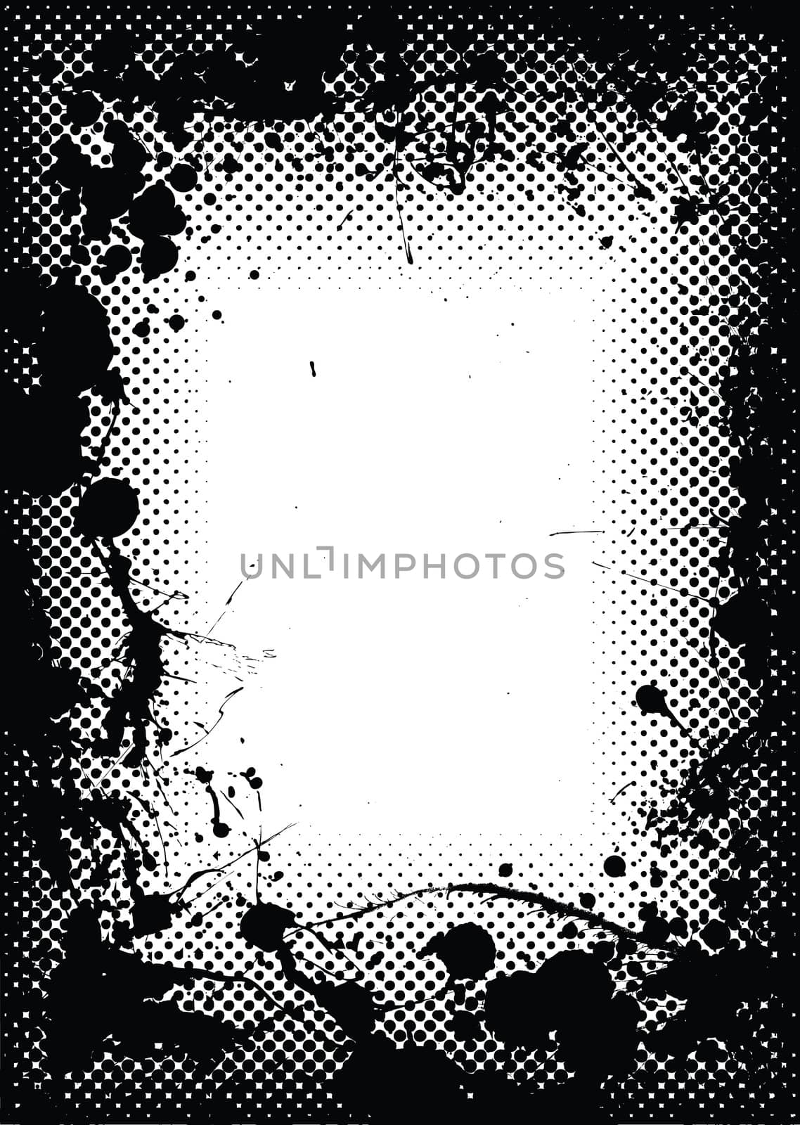 Halftone dot black border or frame with grunge ink splats