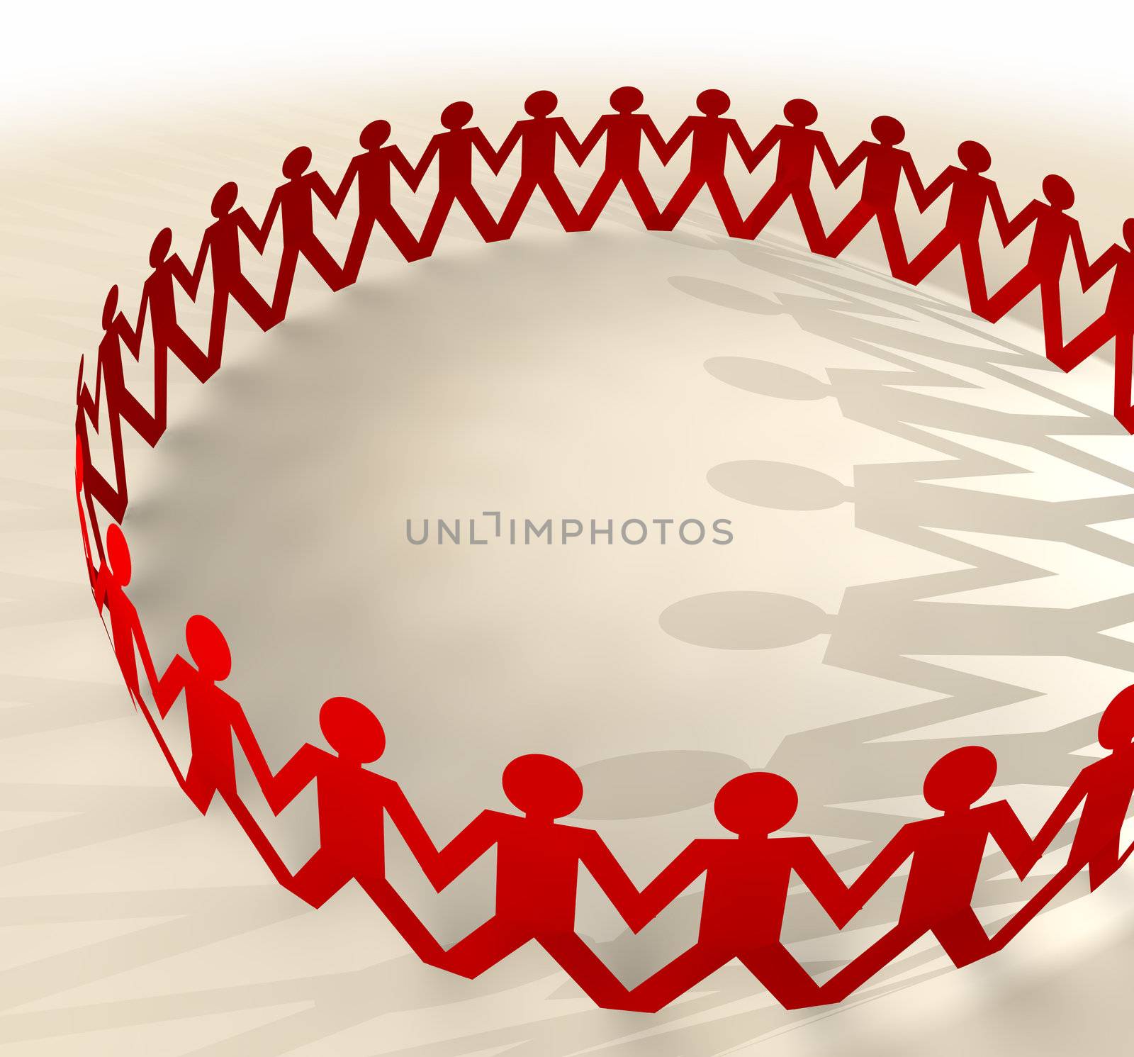 Red paper chain men holding hands in a ring concept with shadows
