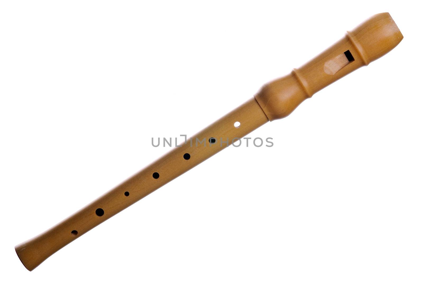 A wooden recorder (block flute) isolated on white background