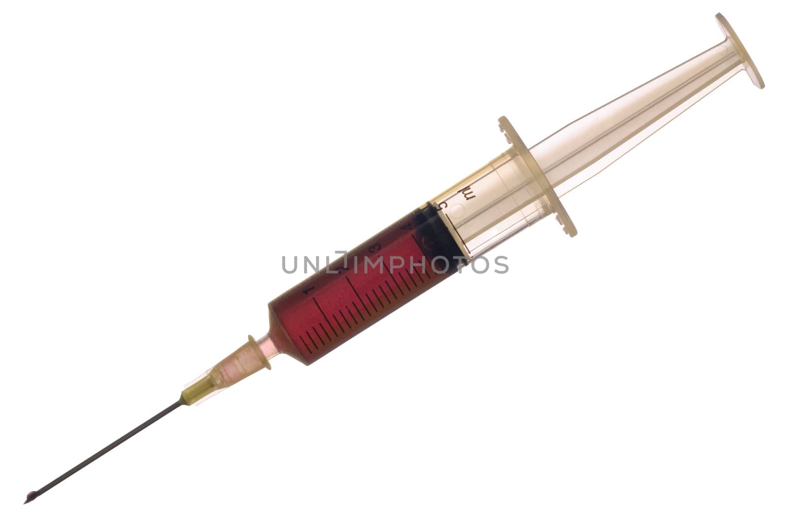  Medical syringe containing red liquid. Isolated on a white background