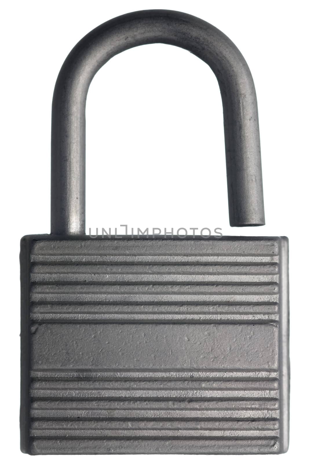 Open steel padlock isolated on white