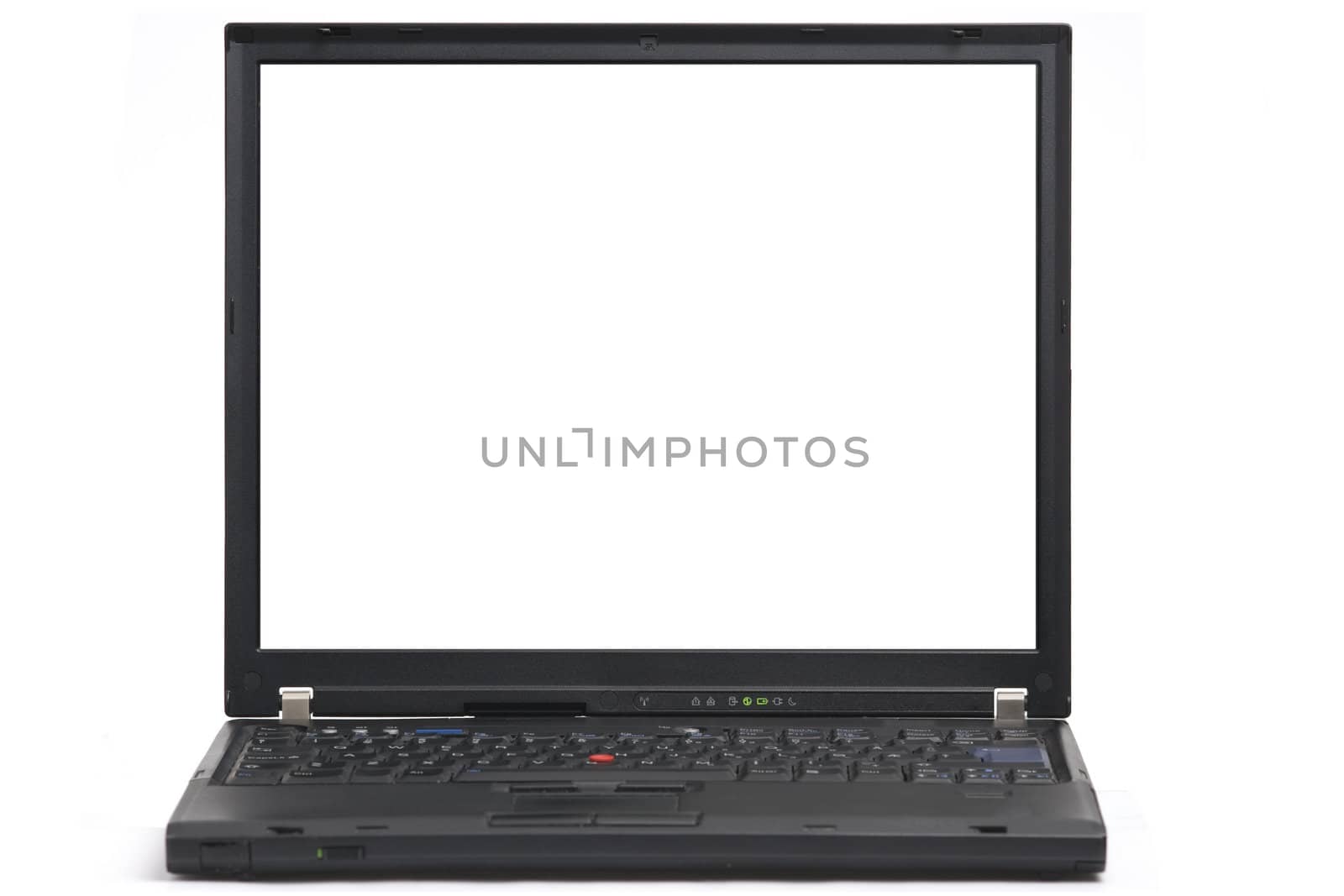 Black laptop isolated on white with blank monitor for copy or images. Clipping path for screen included