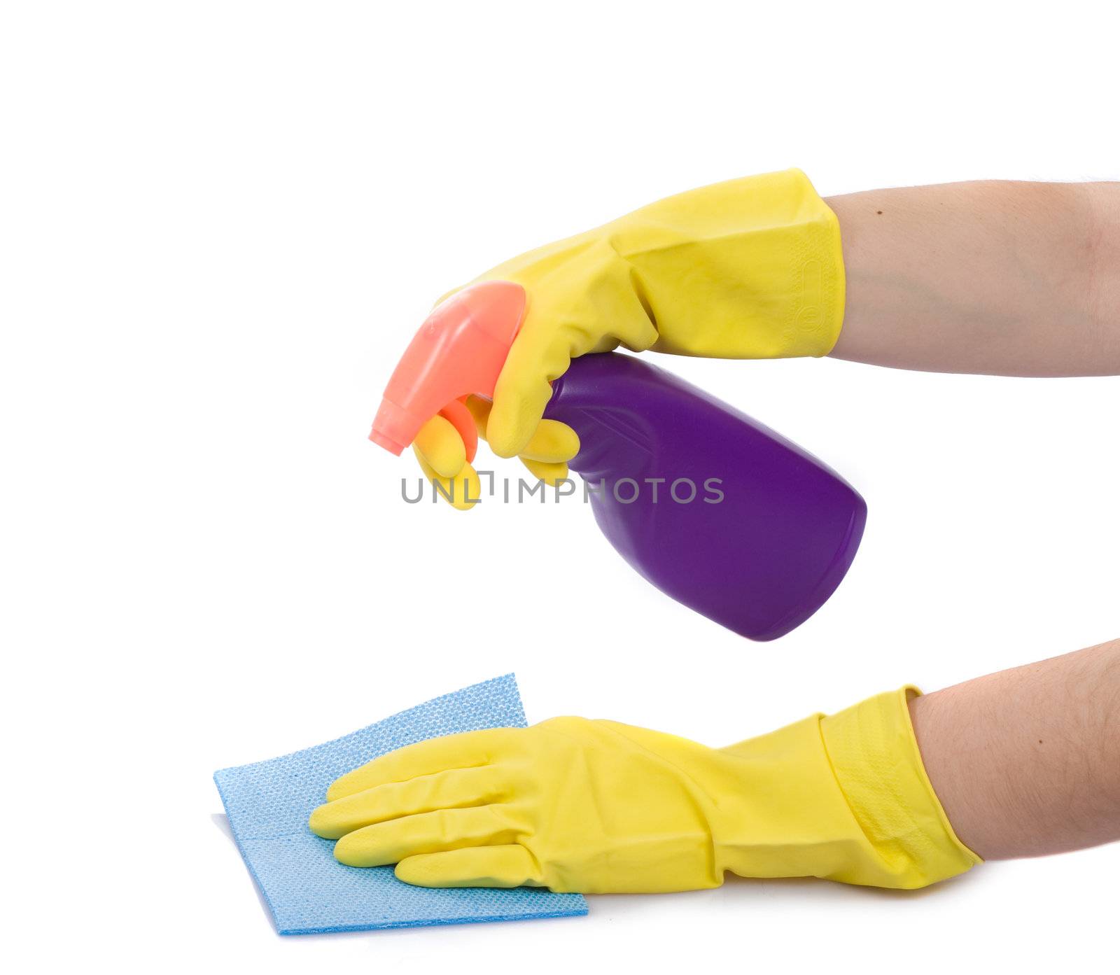 Hand with spray bottle and sponge