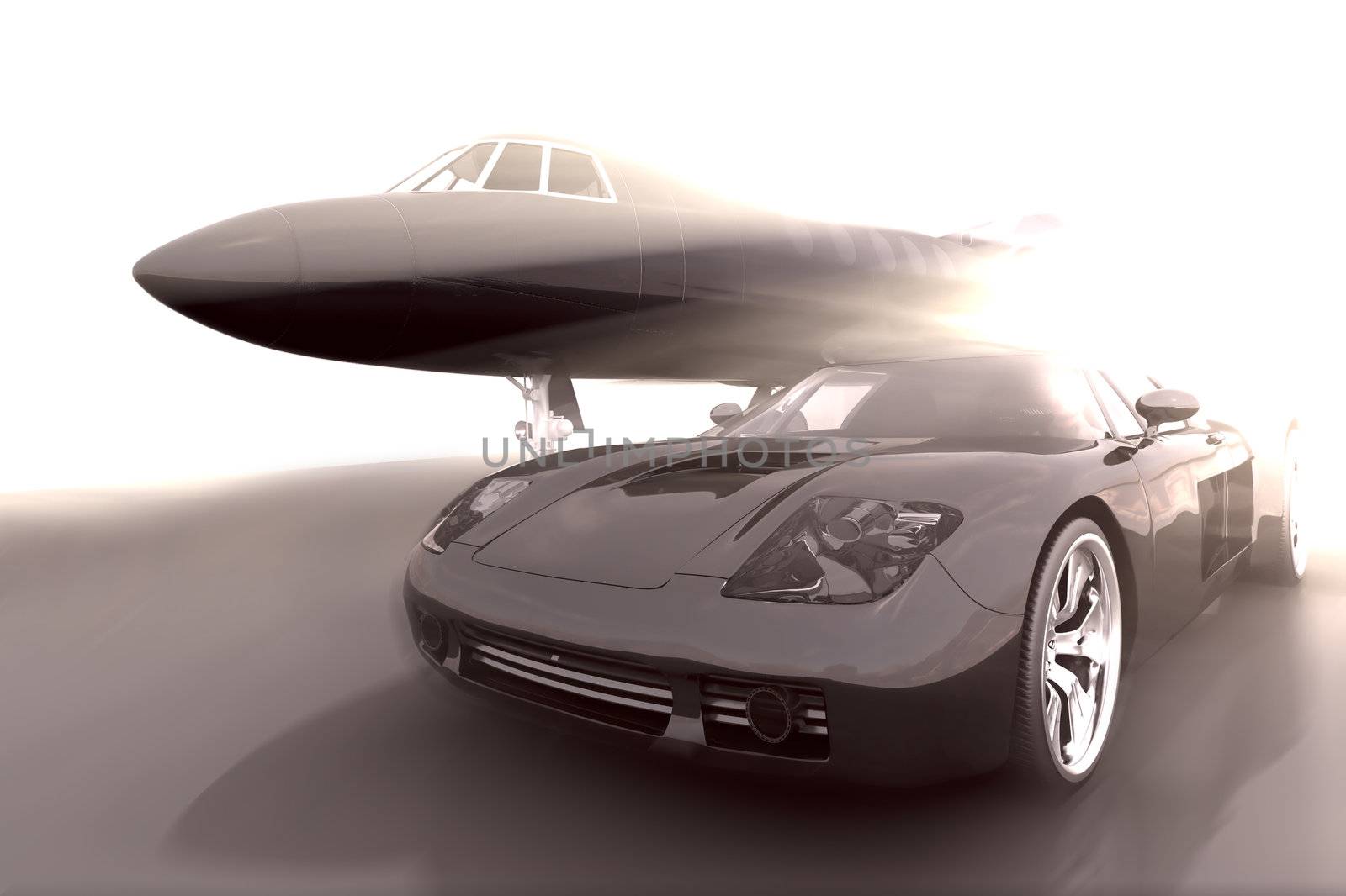 Airplane and car in dramatic conceptual scene