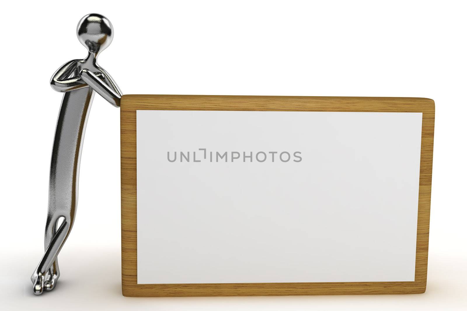 Tiny metal man leaning against wood sign with copy space