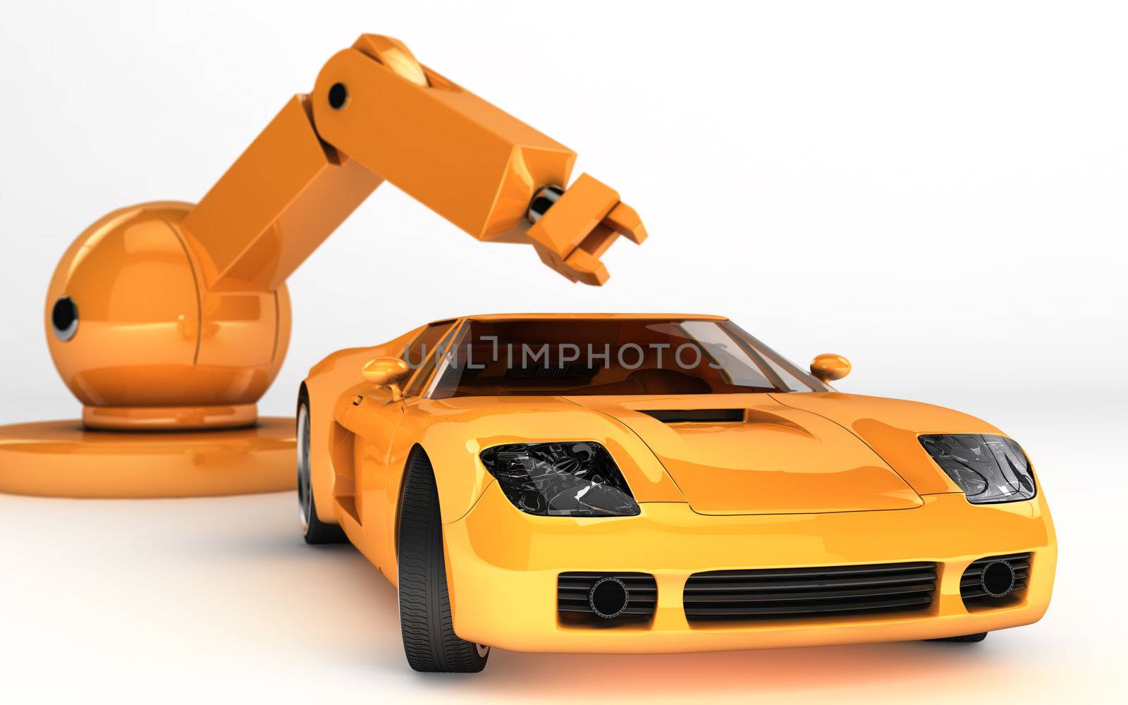 3d render of robot arm working on modern sportscar