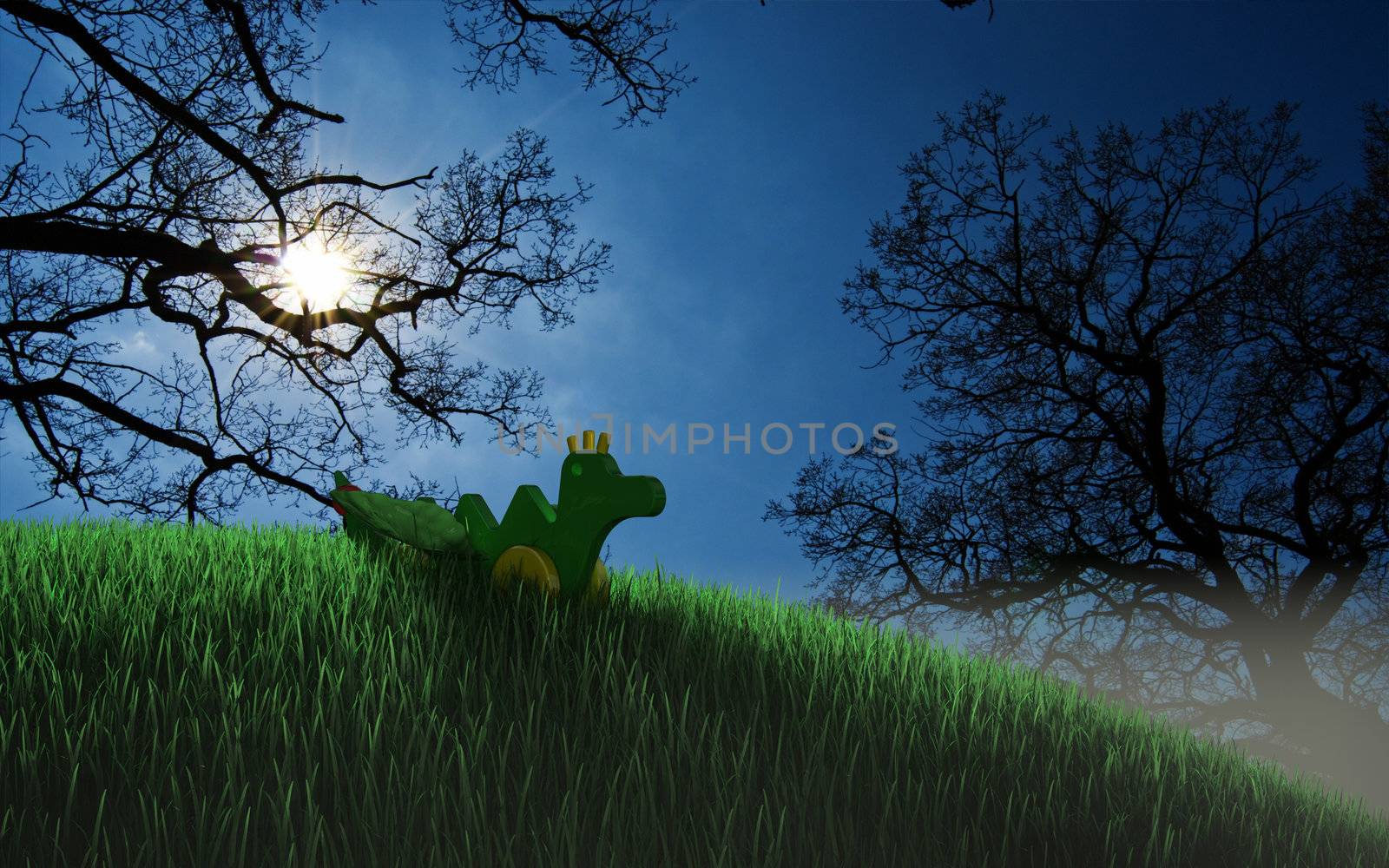 Toy dragon on misty grass hill, with dramatic lighting