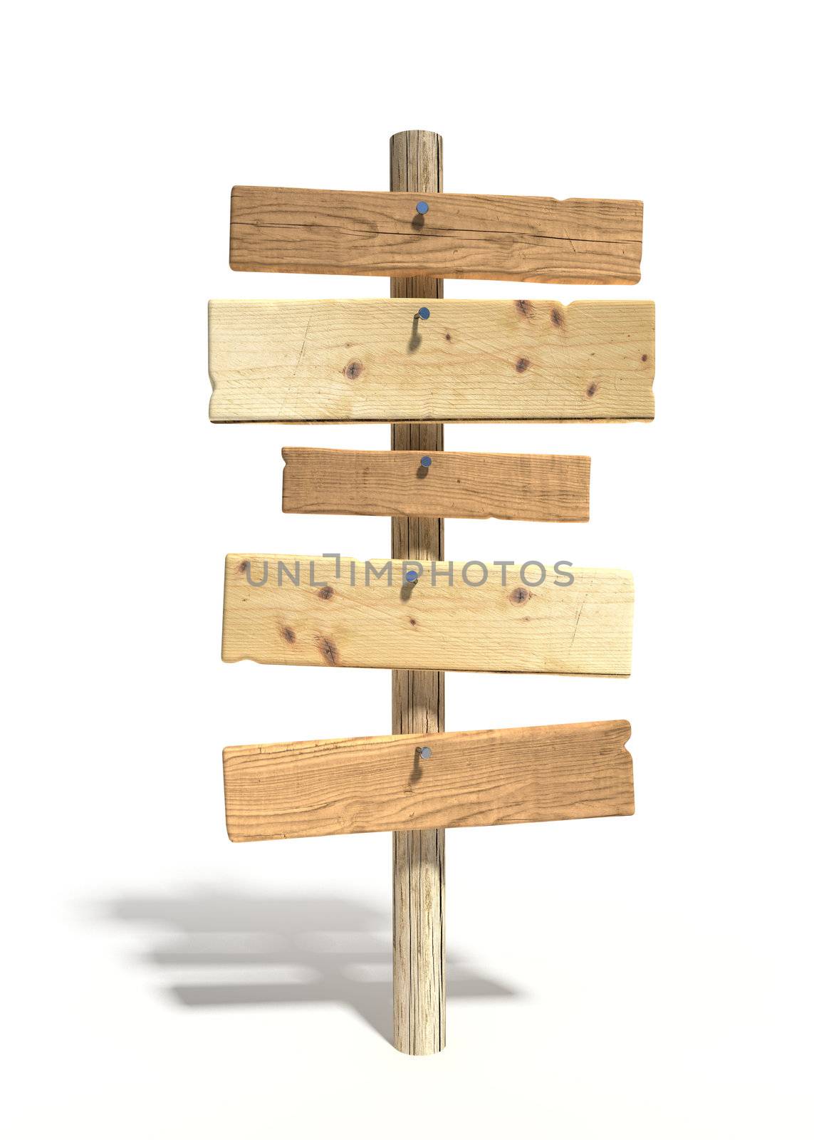 5 old wood signs on wooden pole, with llight shadow