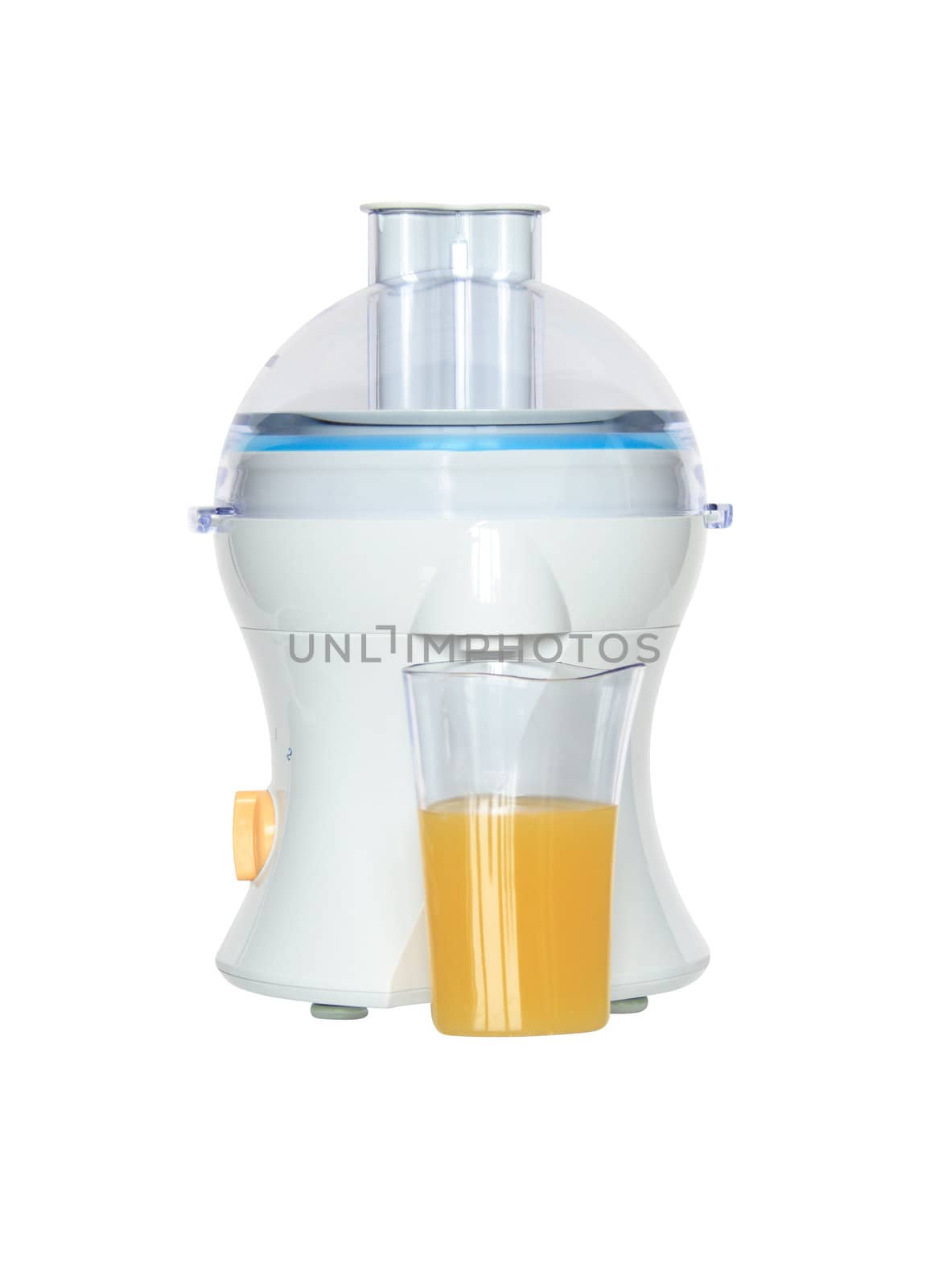 Modern electric juicer and glass of orange juice isolated on white background with clipping path