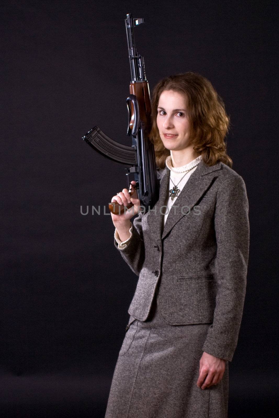 smiling businesswoman wtith submachine gun by foaloce