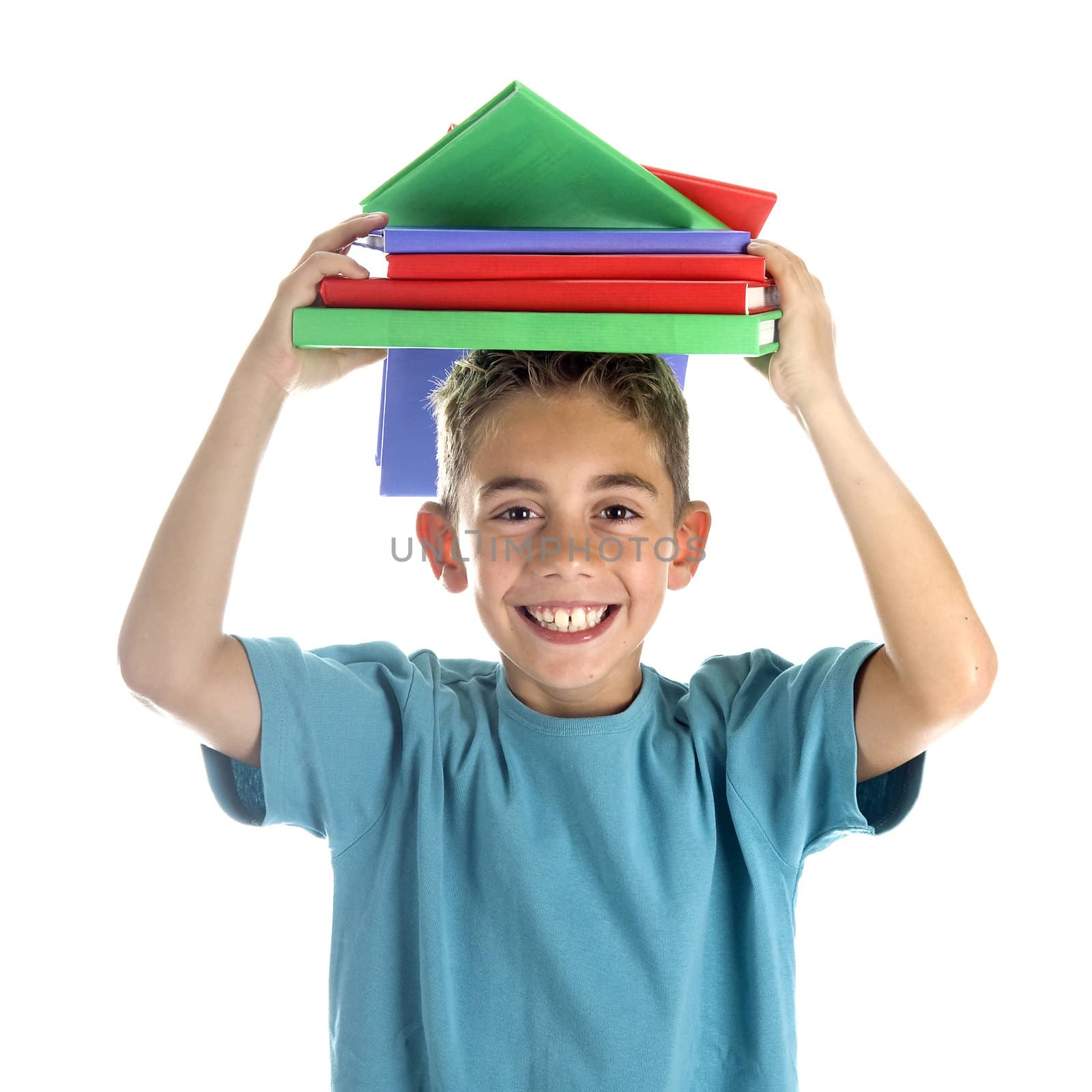 a boy with a pile of falling books on his head