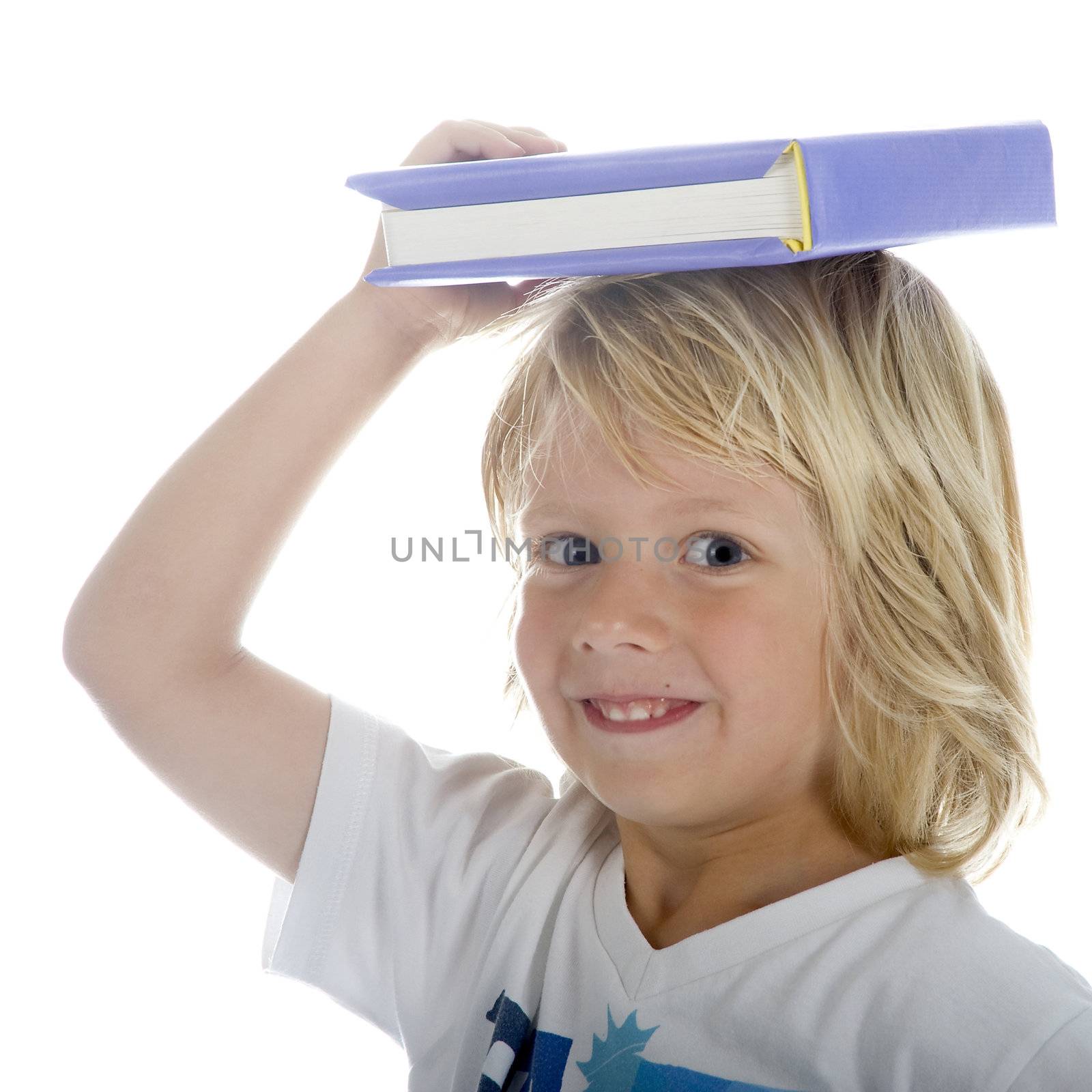 a young professor with a book on his head