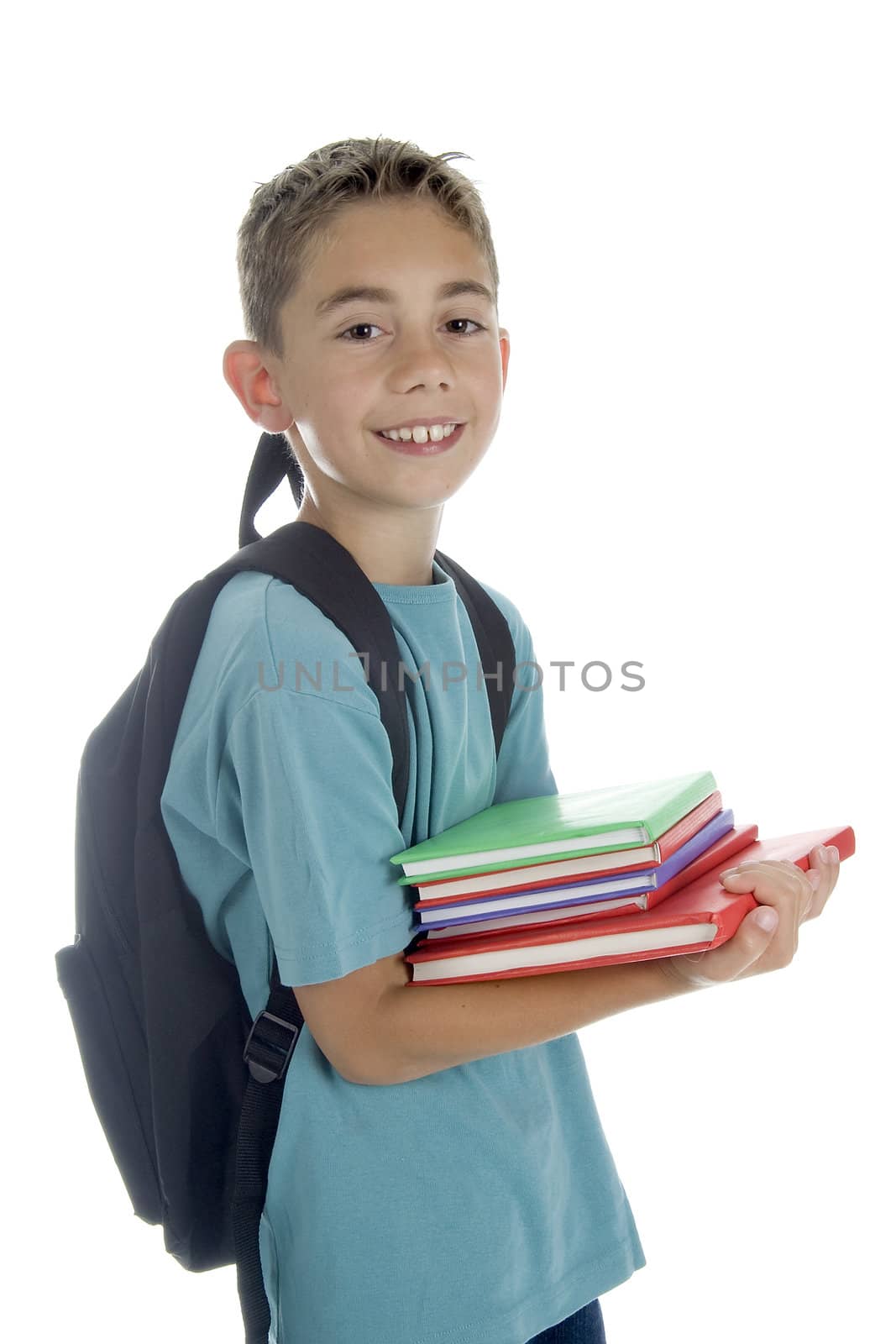 a boy with a rucksack and a pile of books