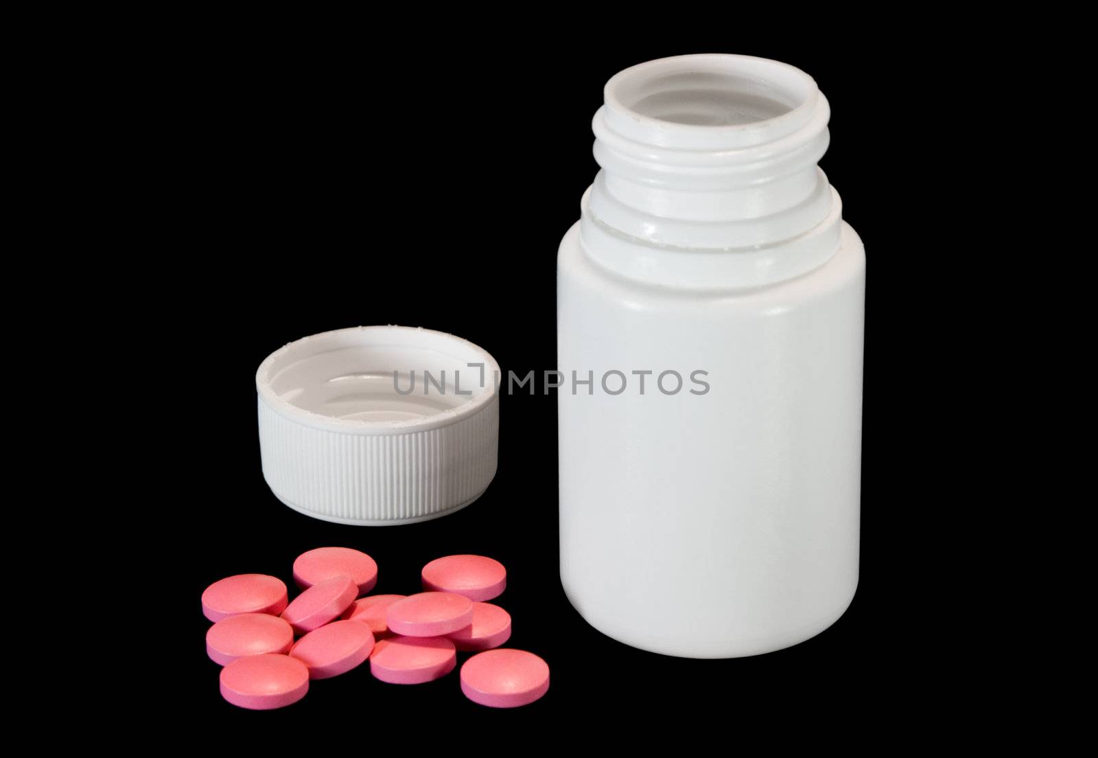 Small while plastic bottle with its cap off and pile of pink pills