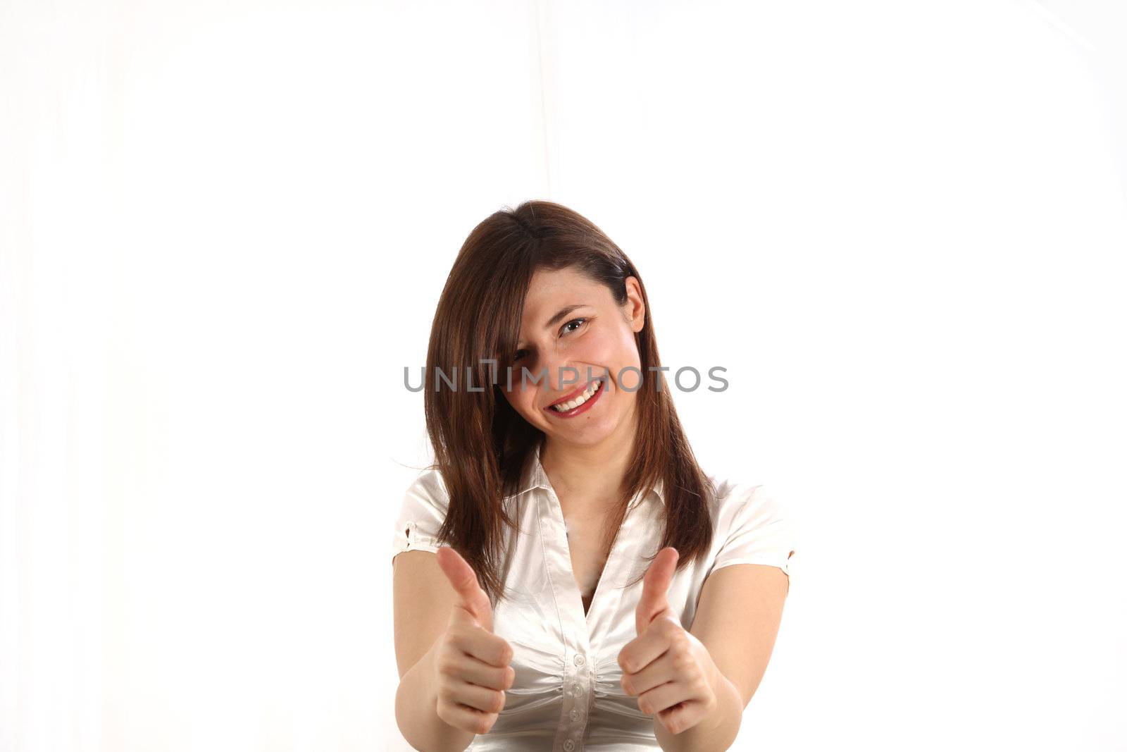 Young, positive, smiling woman shows up both thumbs by Farina6000