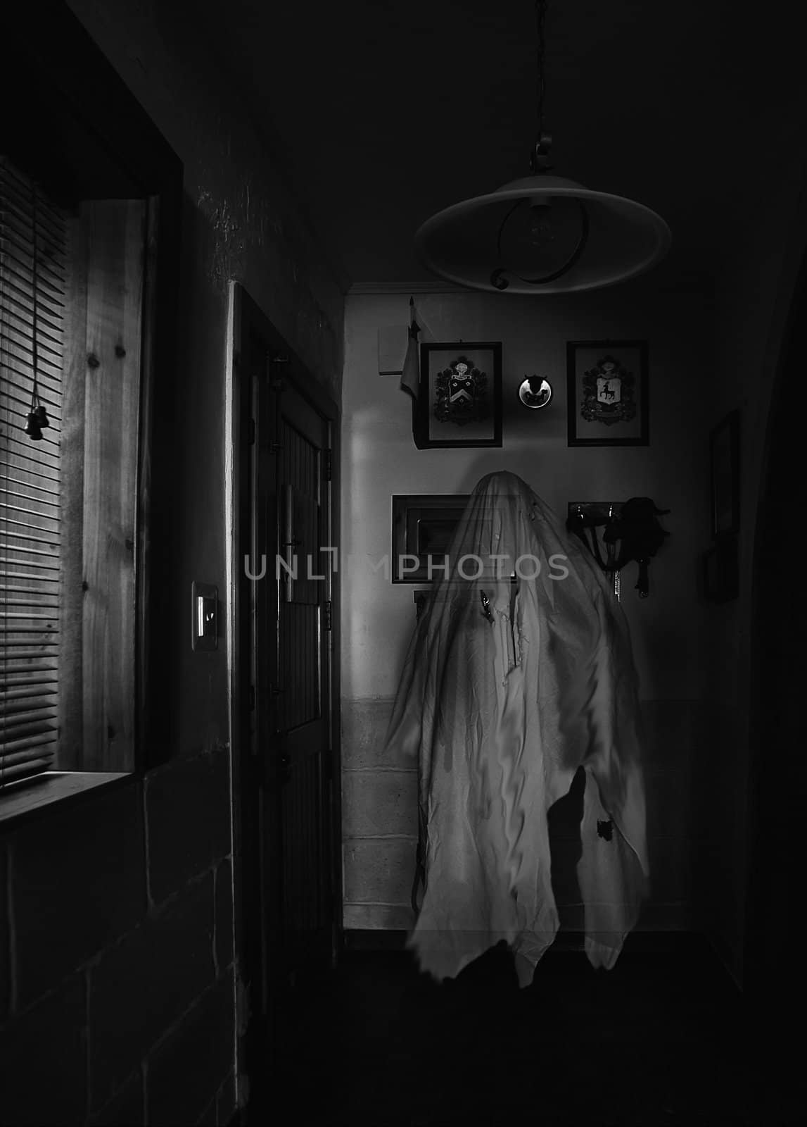 Ghostly apparition in a dark corridor