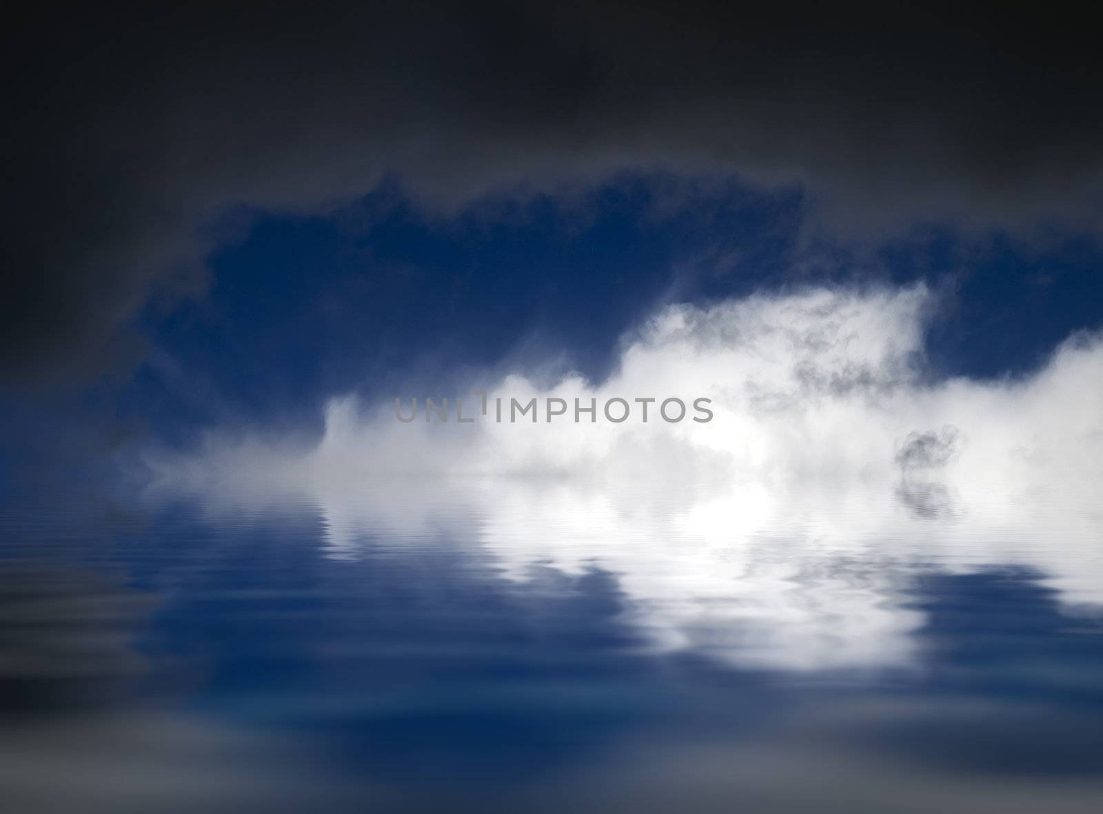 Morning mist and dark clouds over calm ocean water