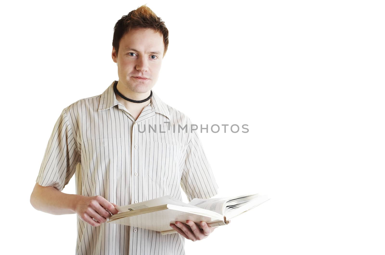 Isolated university student holding a chemistry book