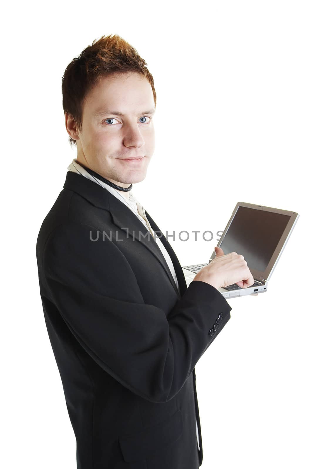 Isolated business man with laptop computer