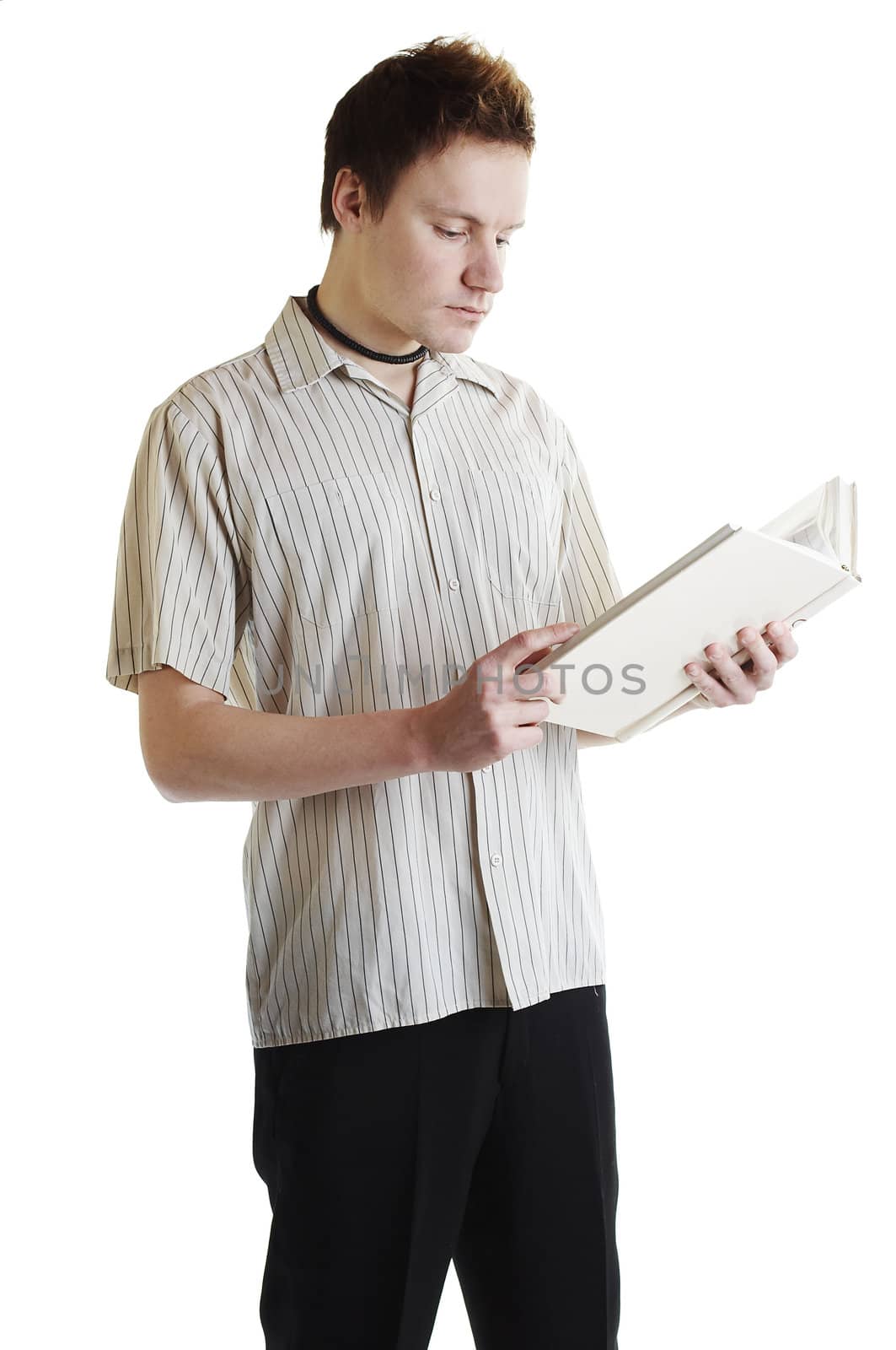Isolated university student holding a chemistry book