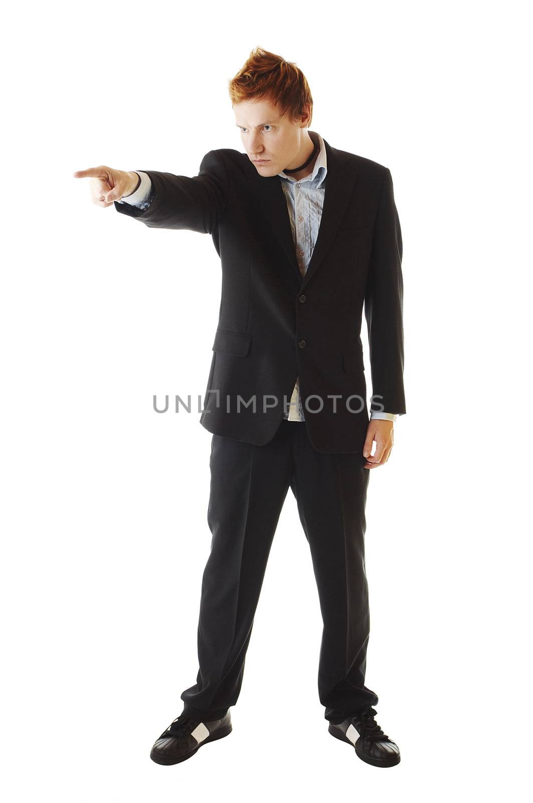 Business man holding pointing something with finger