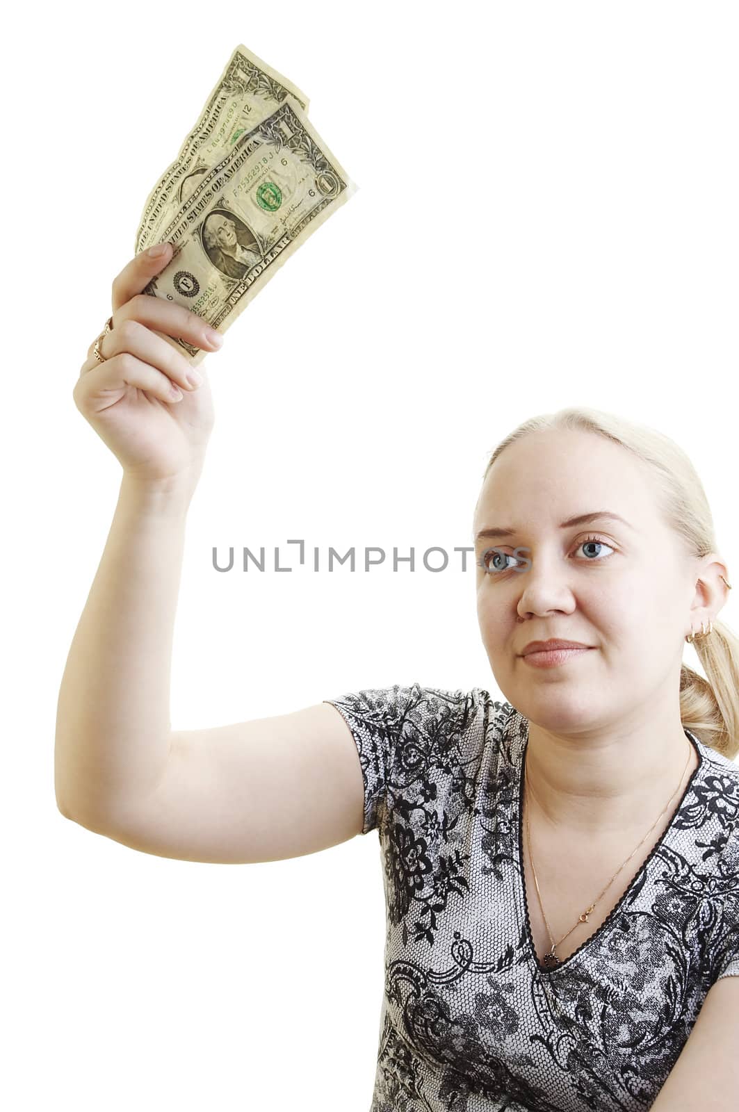 Girl waveing dollar bills on the white background