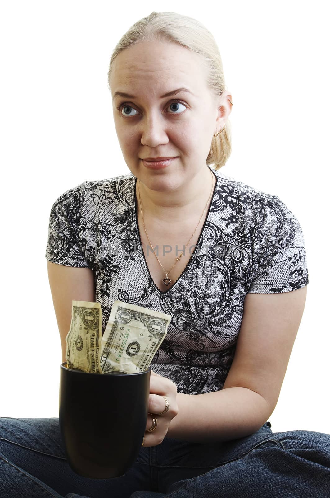 Girl sitting on the floor and begging money