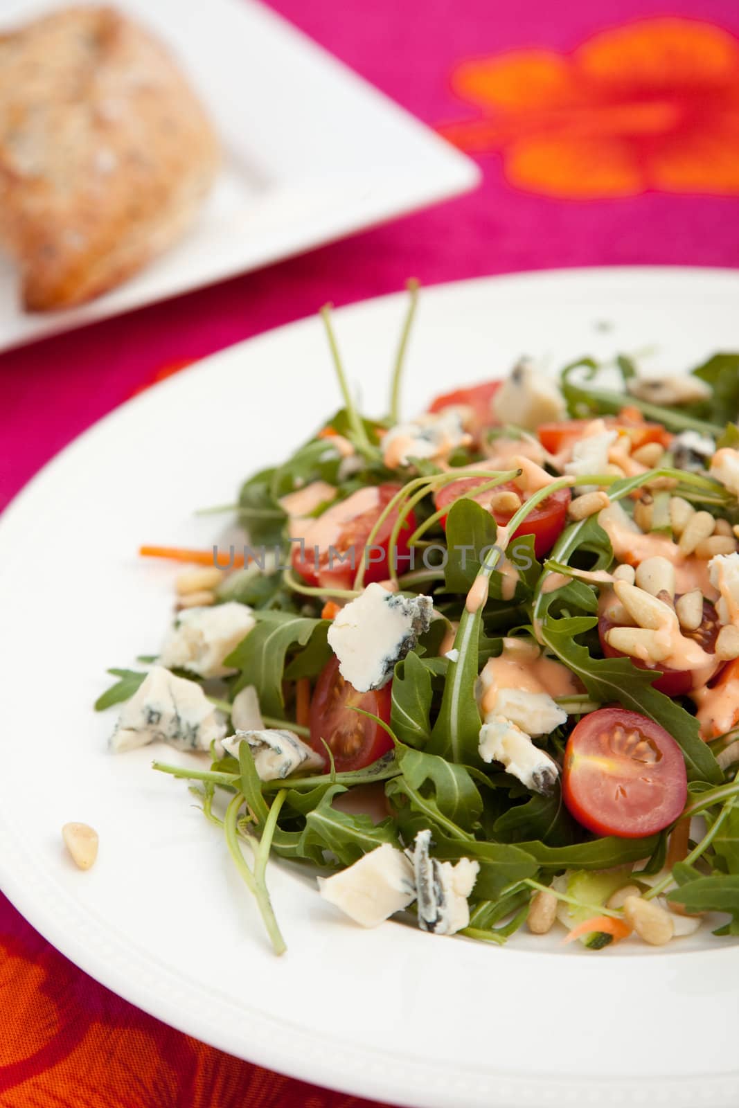 Delicious healthy salad with rocket, cheese and tomatoes