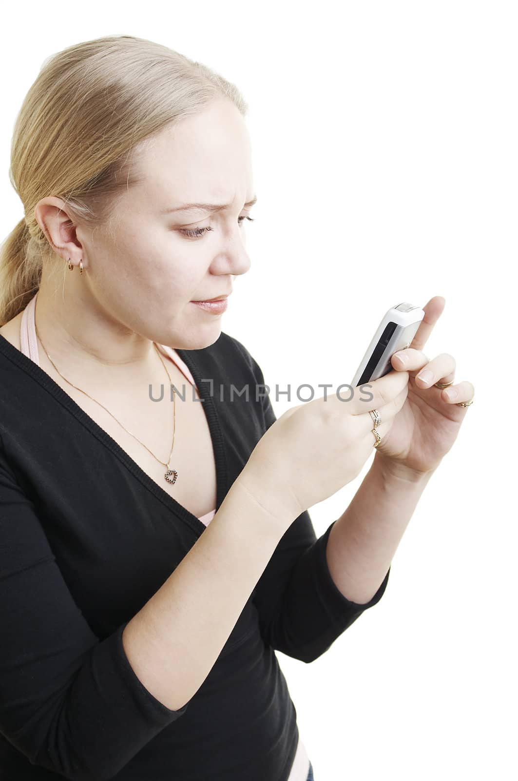 Woman sending a text message on the white background