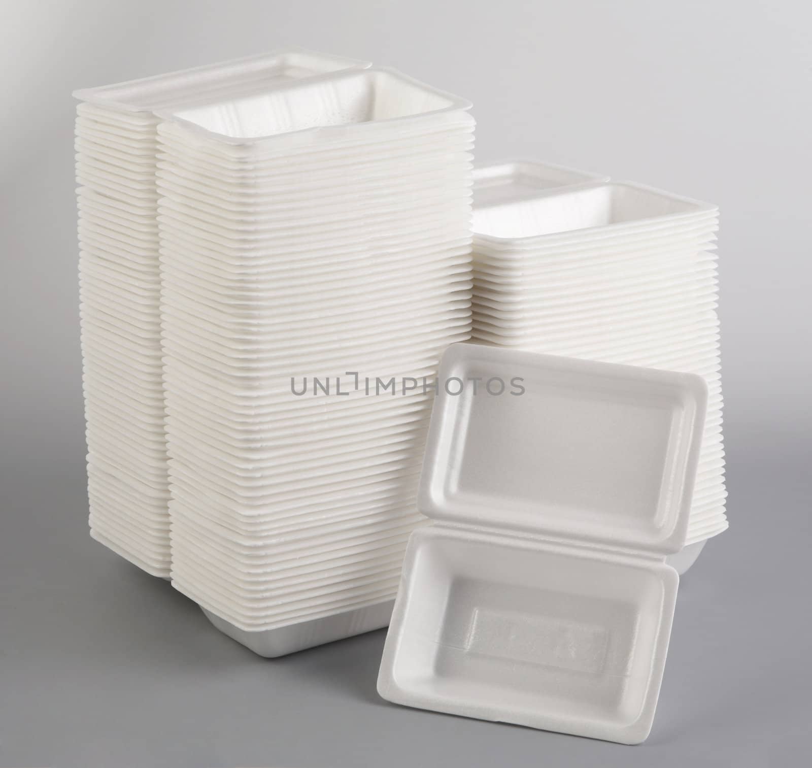 Stack of styrofoam meal box.