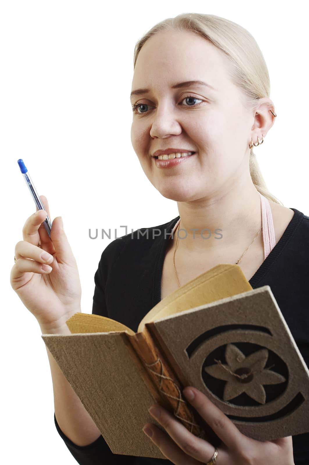 Girl taking a note on white background
