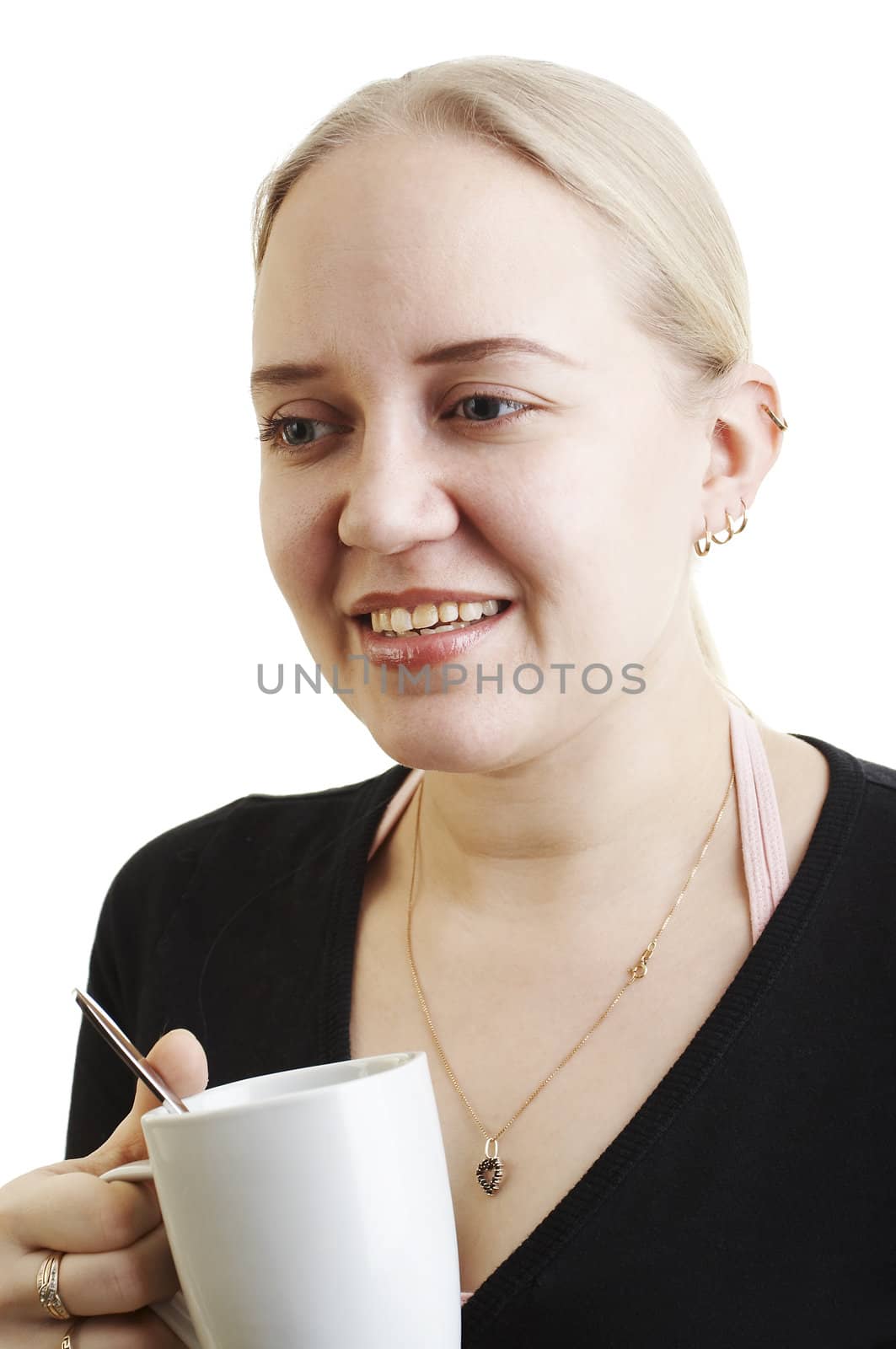 Blonde girl holding a coffee cup on white background