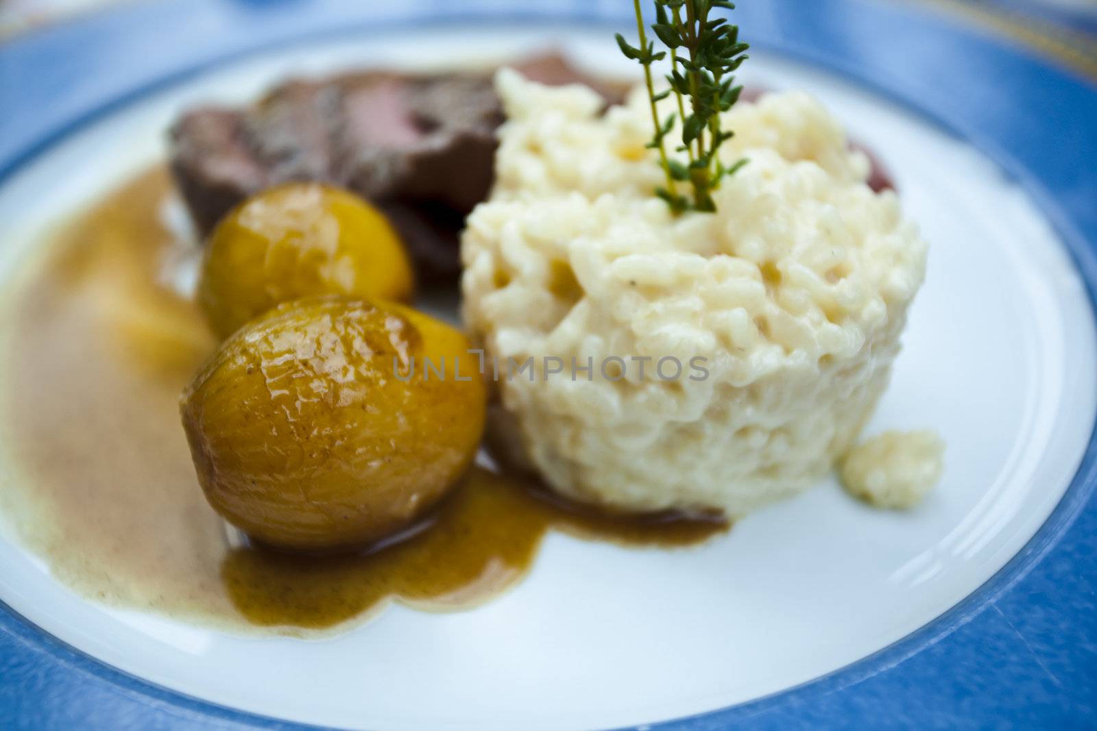 Steak on the plate with risotto and onions