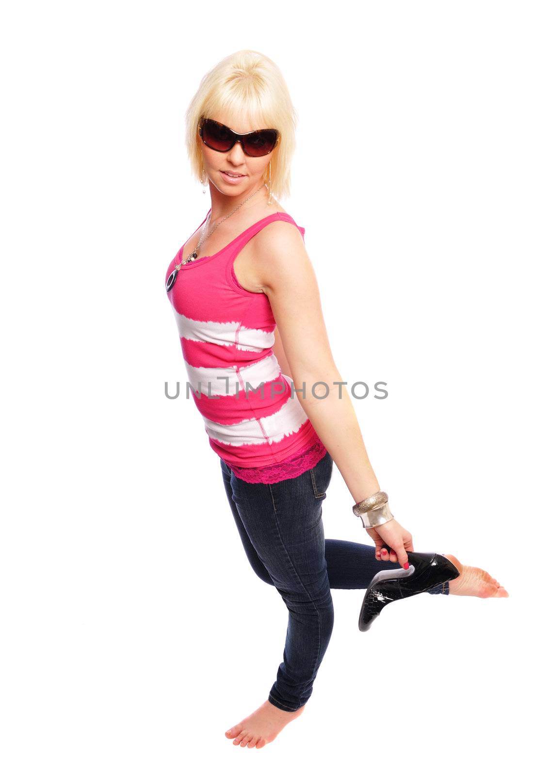 attractive young blonde woman on a  white background