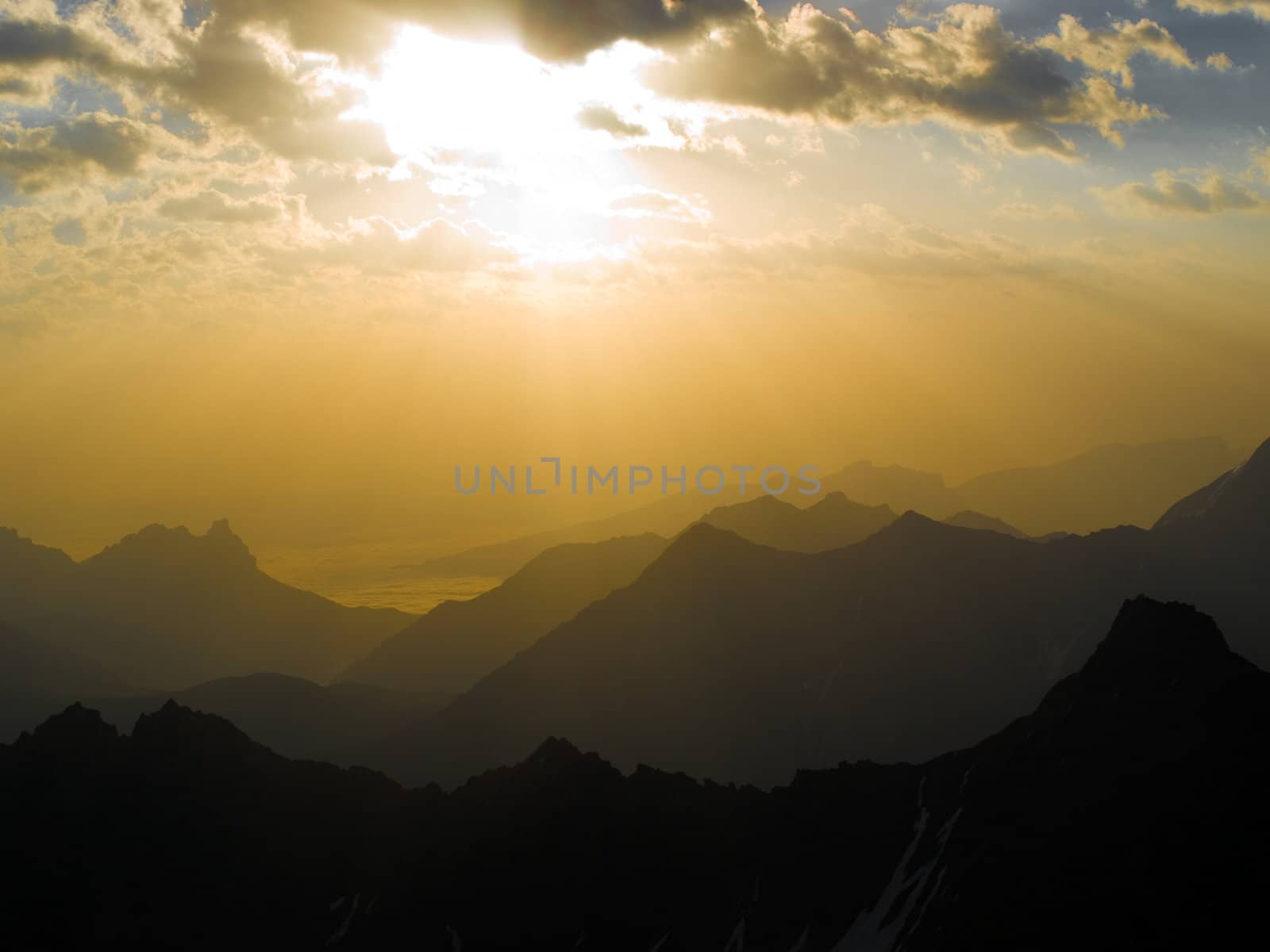 Beautiful sunrise in mountains. Caucasus. Kabardino-Balkariya. Bezengi