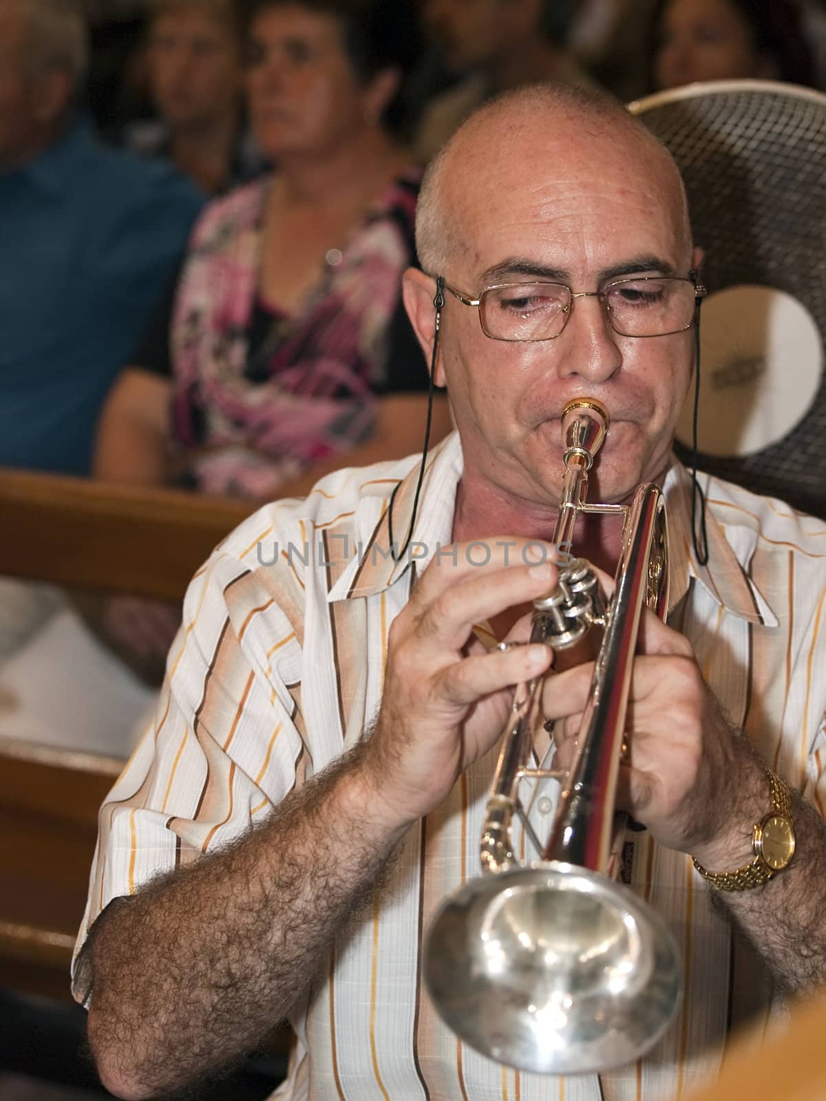 ZURRIEQ, MALTA - SEP 06 2009 - A trumpeteer at the feast of St Catherine of Alexandria at Zurrieq in Malta on September 06, 2009