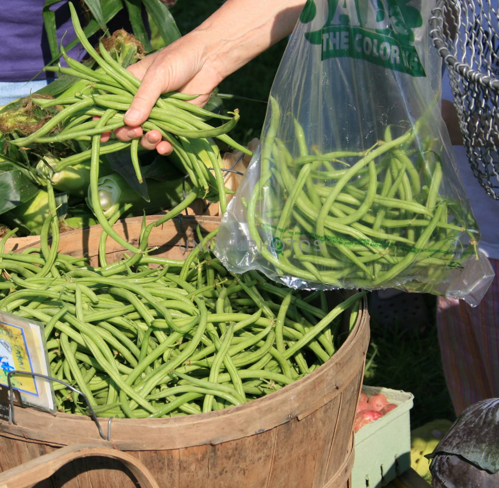 hand shown while buying fresh green beans at a farmers market