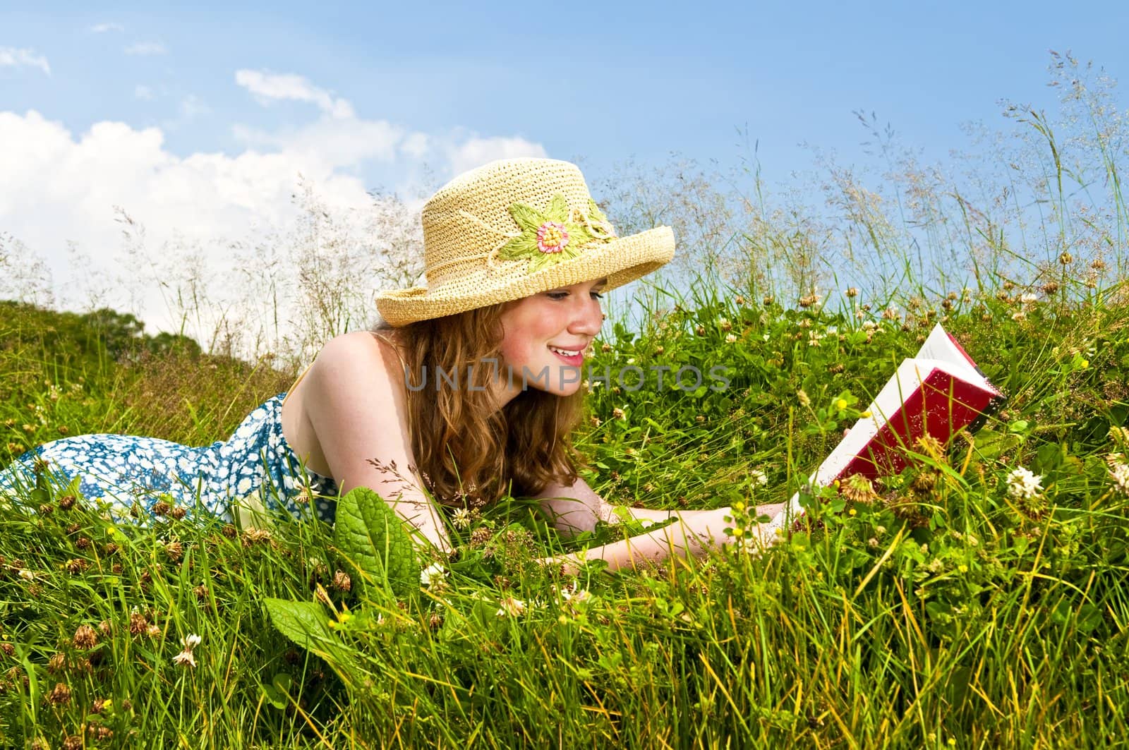 Young girl reading book in meadow by elenathewise