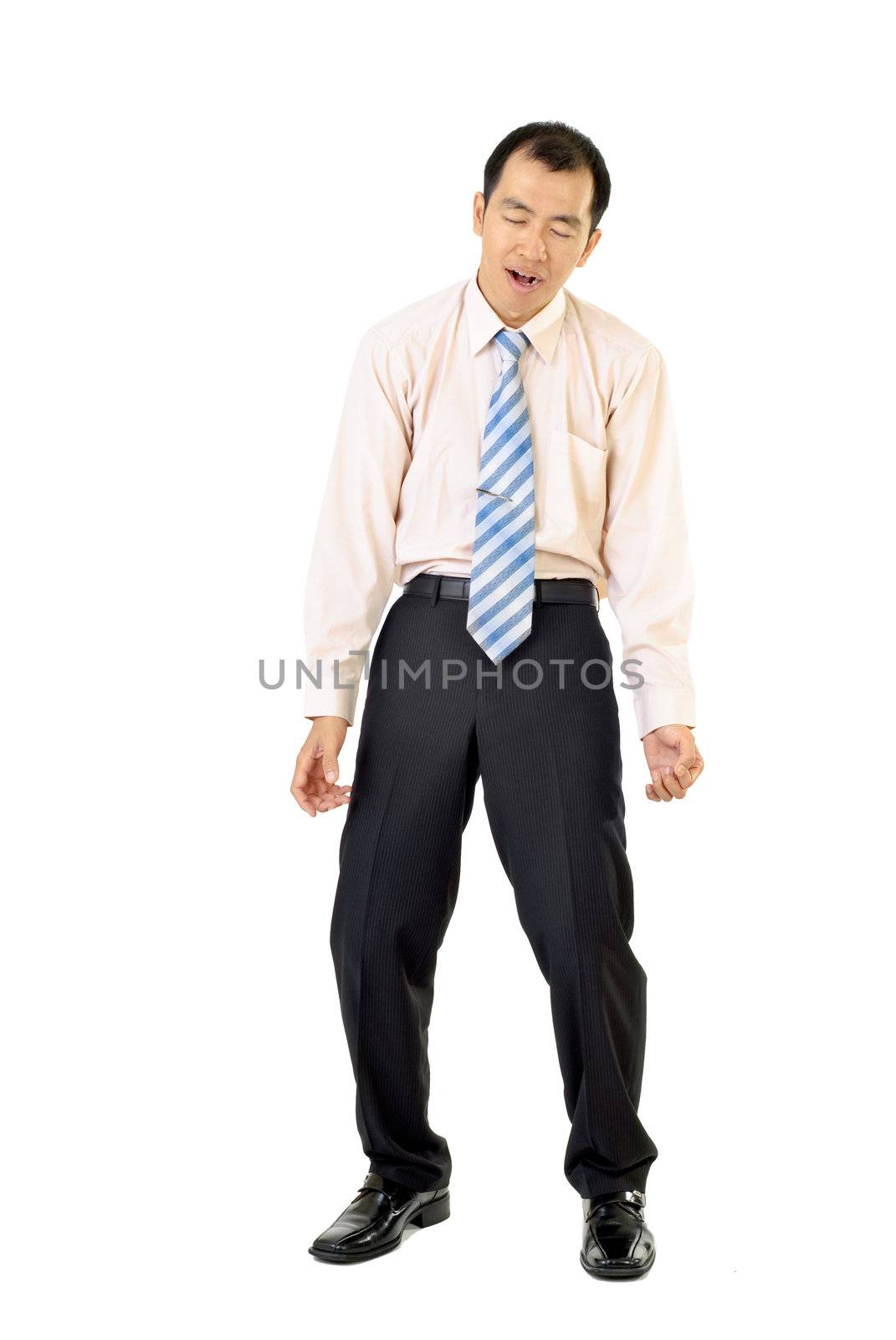 Tired businessman standing feebly on white background.