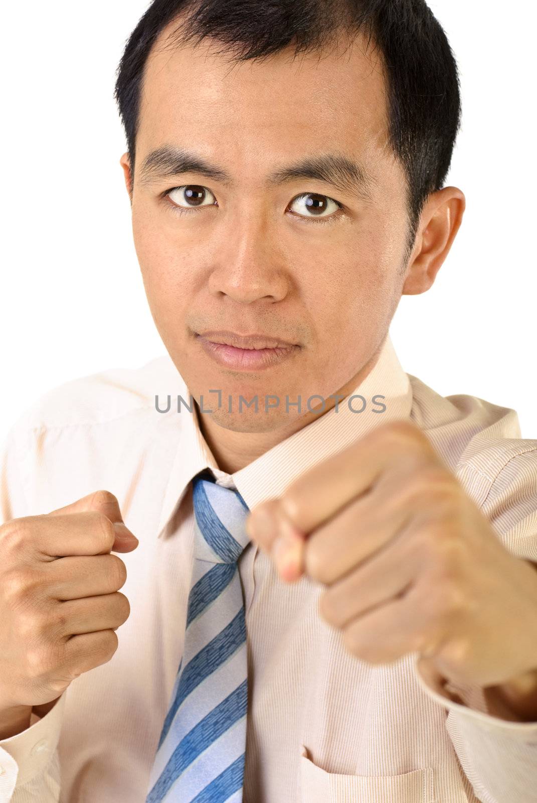 Businessman fight by fist on white background.
