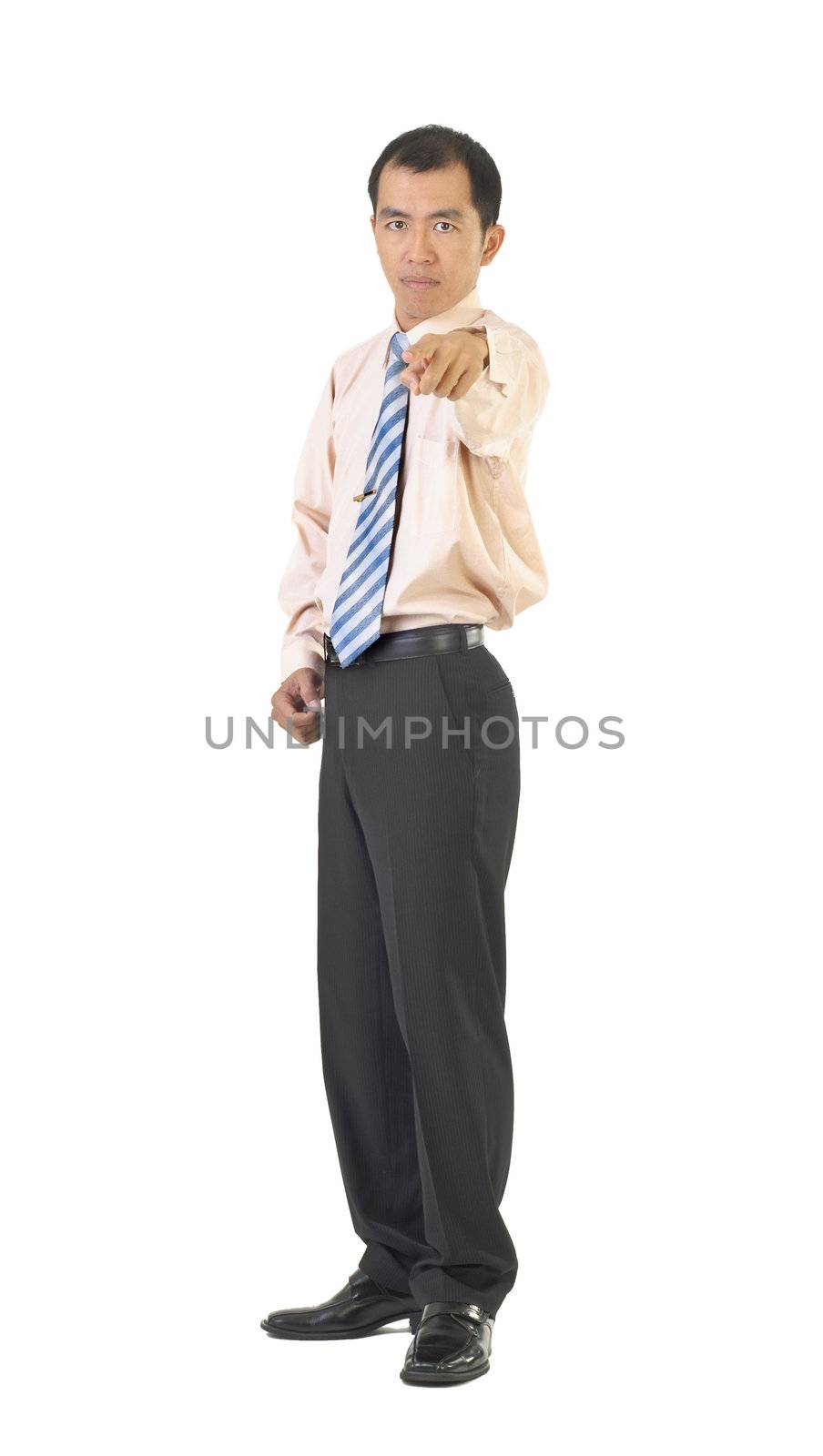 Businessman point at you on white background.