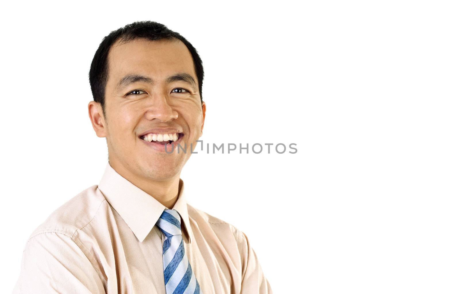 Happy businessman portrait with smile expression on white background.