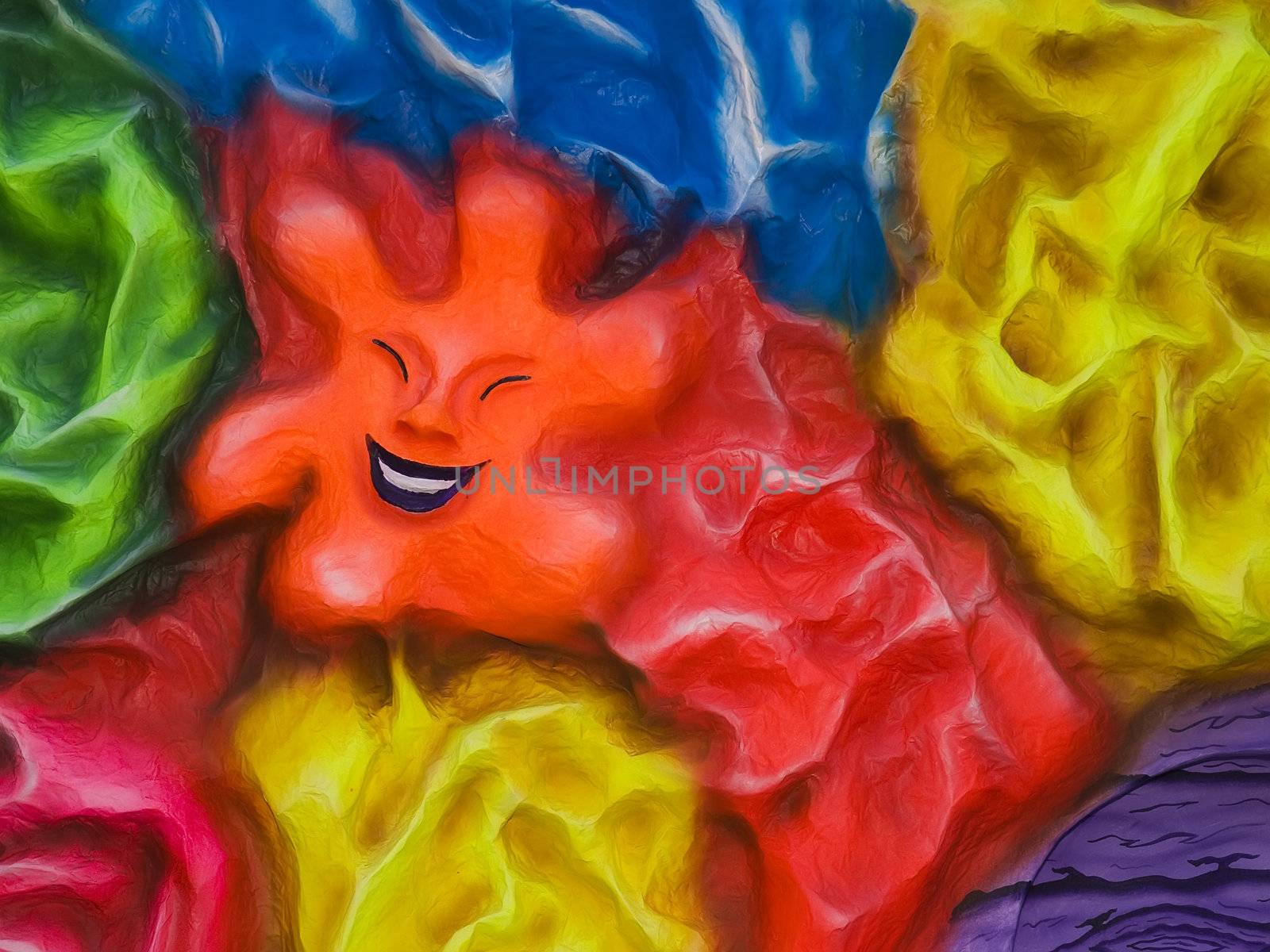 Colourful backdrop image showing a laughing star and a multitude of colours