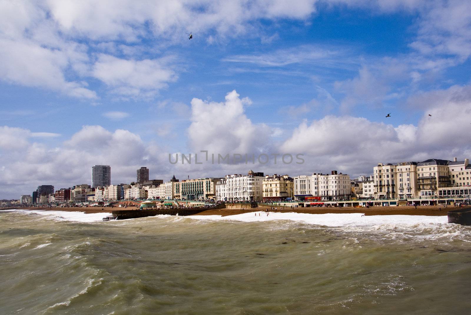 Brighton skyline showing the coast and stormy sea.