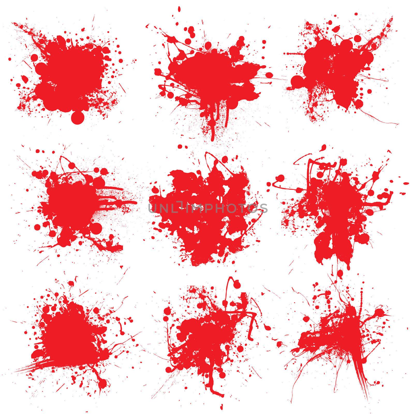 Collection of nine blood splats on a white background
