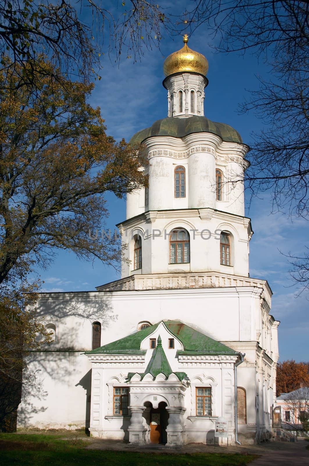 orthodoxy christianity church with gold cupola under blue sky
