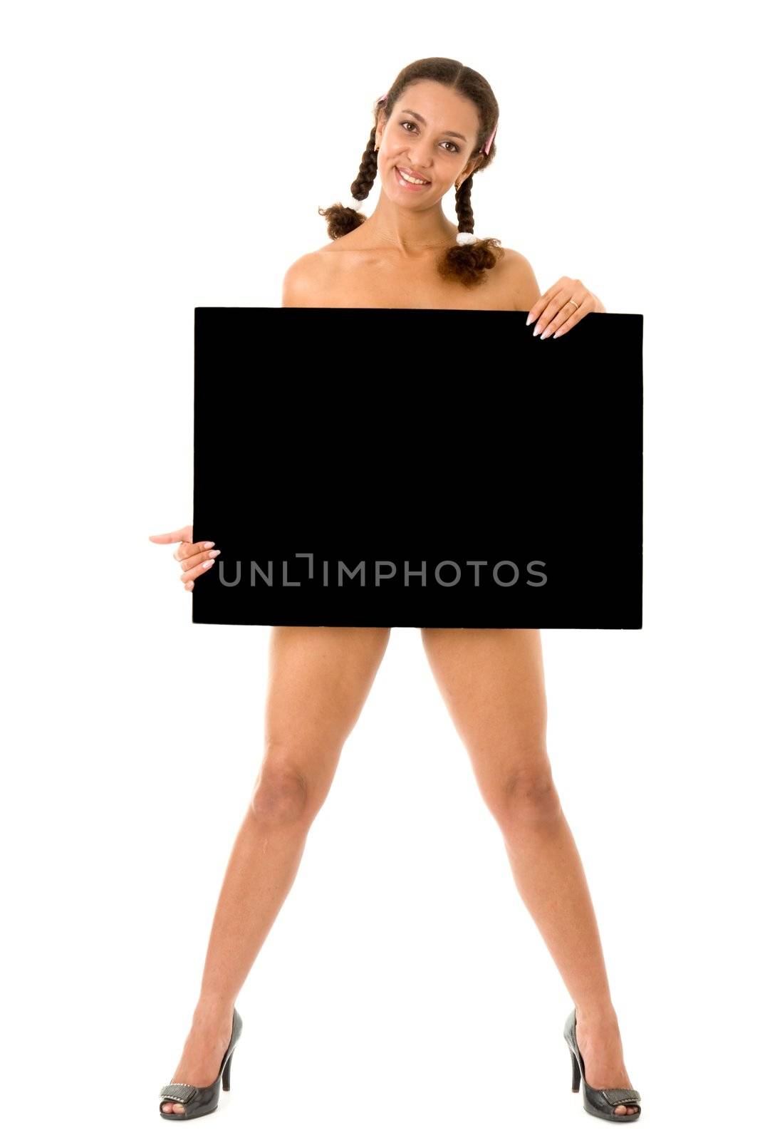 beautiful woman with big black billboard on a white background