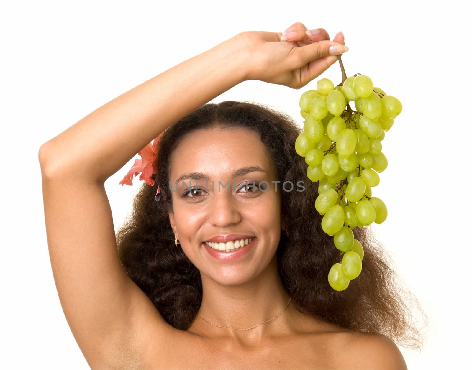 beautiful girl with green grapes on a white background