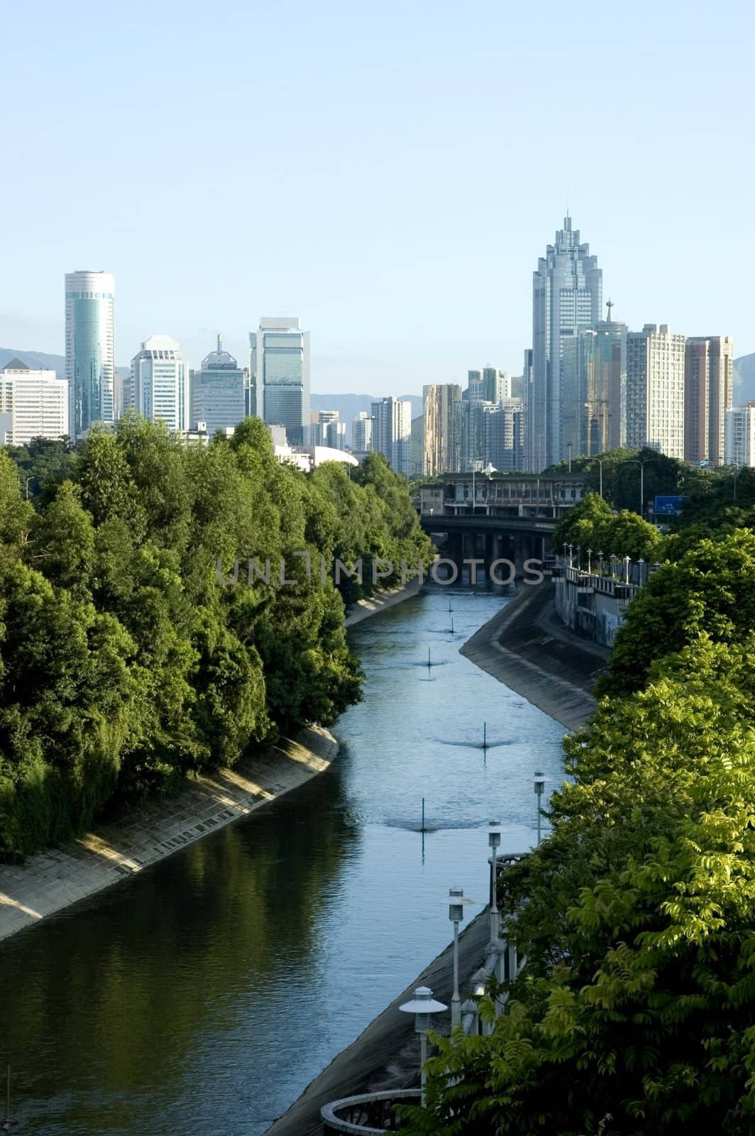 China, Guangdong province, Shenzhen - modern Chinese city, general cityscape with skyscrapers, office buildings and hotels.